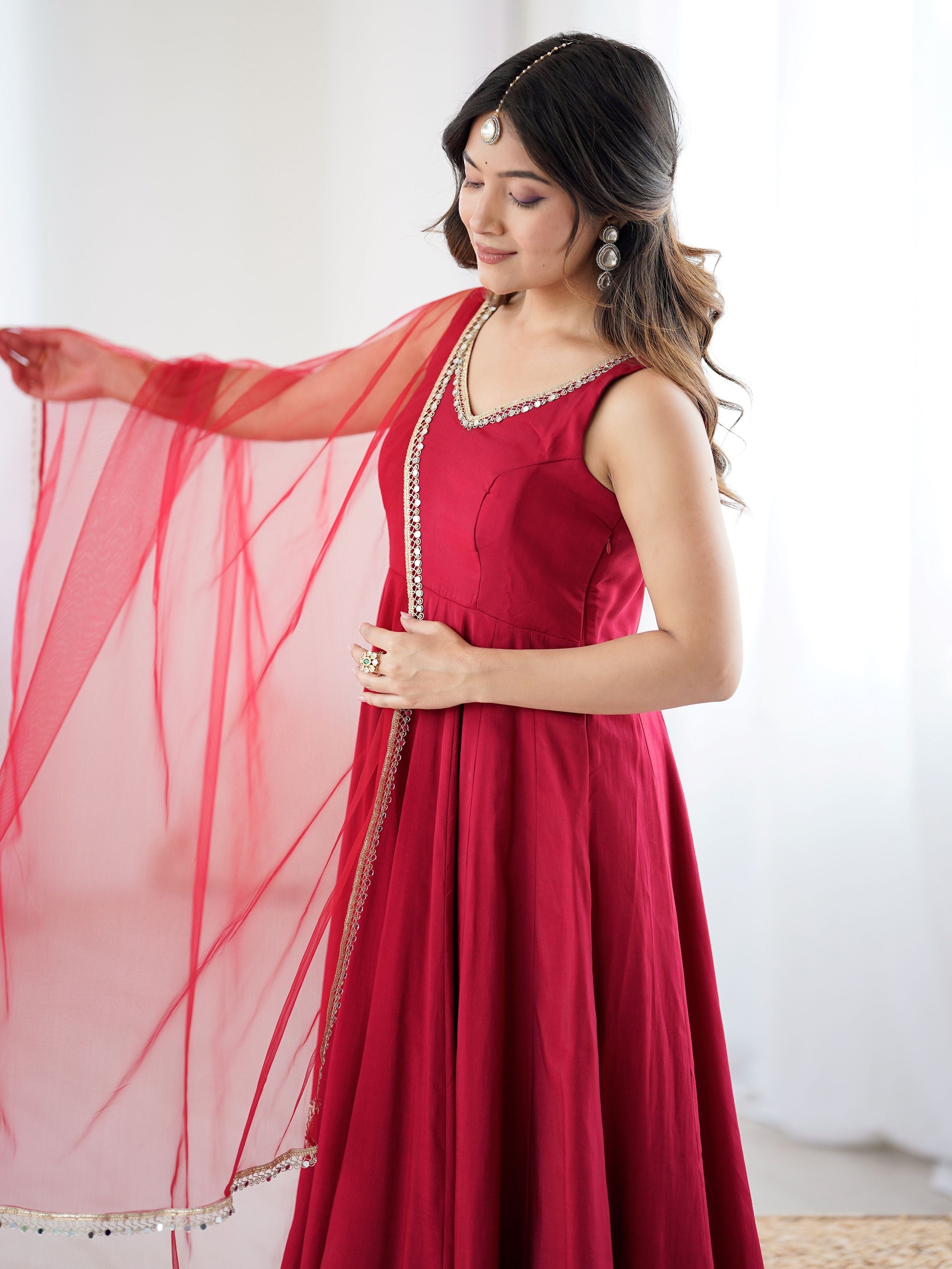 Red silk Anarkali suit with mirror lace work and dupatta