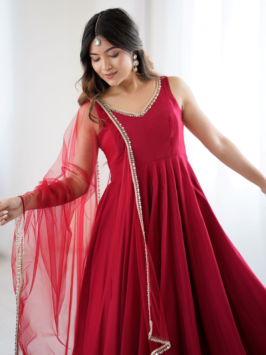 Red silk Anarkali suit with mirror lace work and dupatta