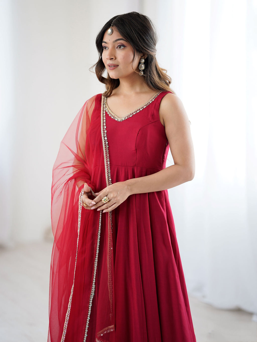 Red silk Anarkali suit with mirror lace work and dupatta
