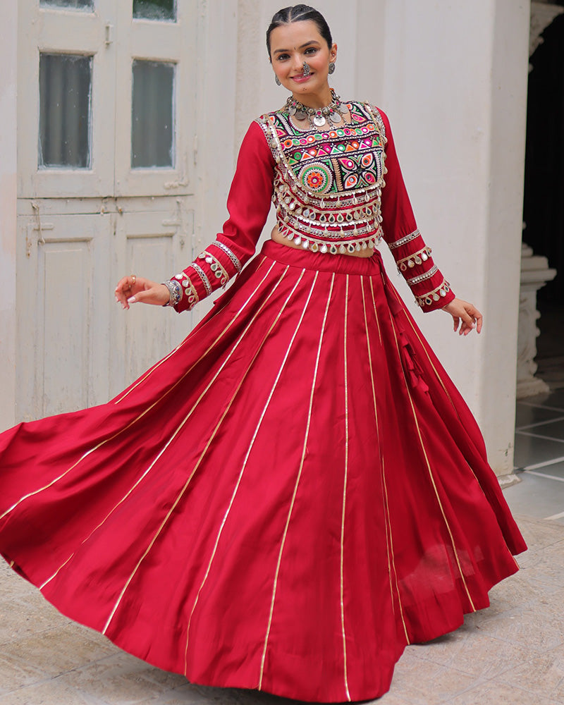 Red Roman silk Gota Patti lace and Kutchi Gamthi embroidered lehenga choli