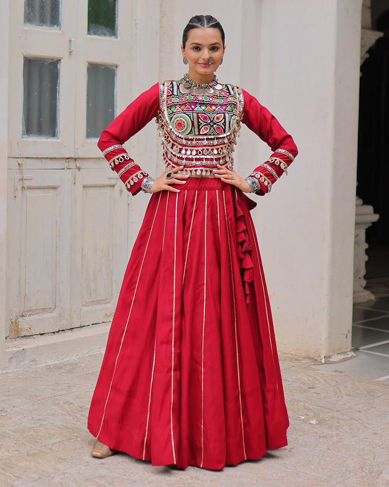 Red Roman silk Gota Patti lace and Kutchi Gamthi embroidered lehenga choli