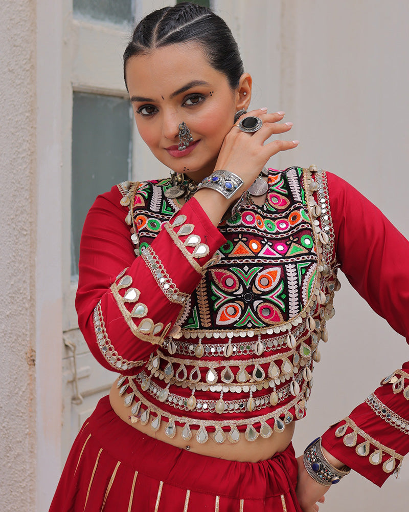 Red Roman silk Gota Patti lace and Kutchi Gamthi embroidered lehenga choli