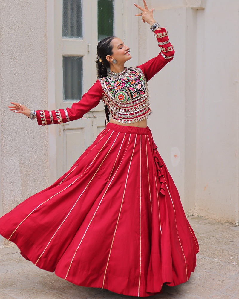Red Roman silk Gota Patti lace and Kutchi Gamthi embroidered lehenga choli