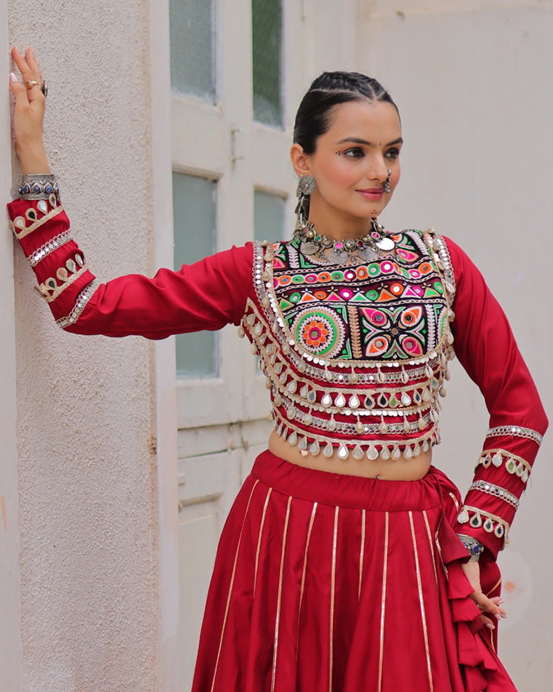 Red Roman silk Gota Patti lace and Kutchi Gamthi embroidered lehenga choli
