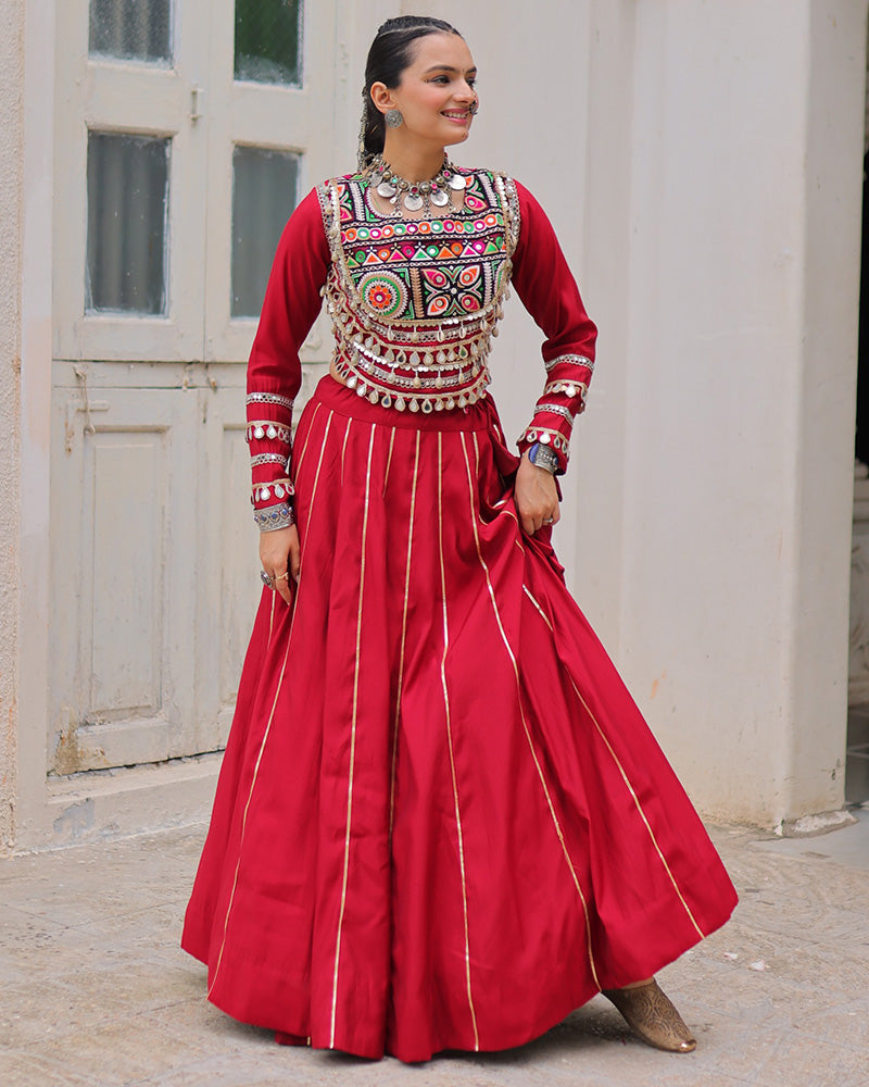 Red Roman silk Gota Patti lace and Kutchi Gamthi embroidered lehenga choli