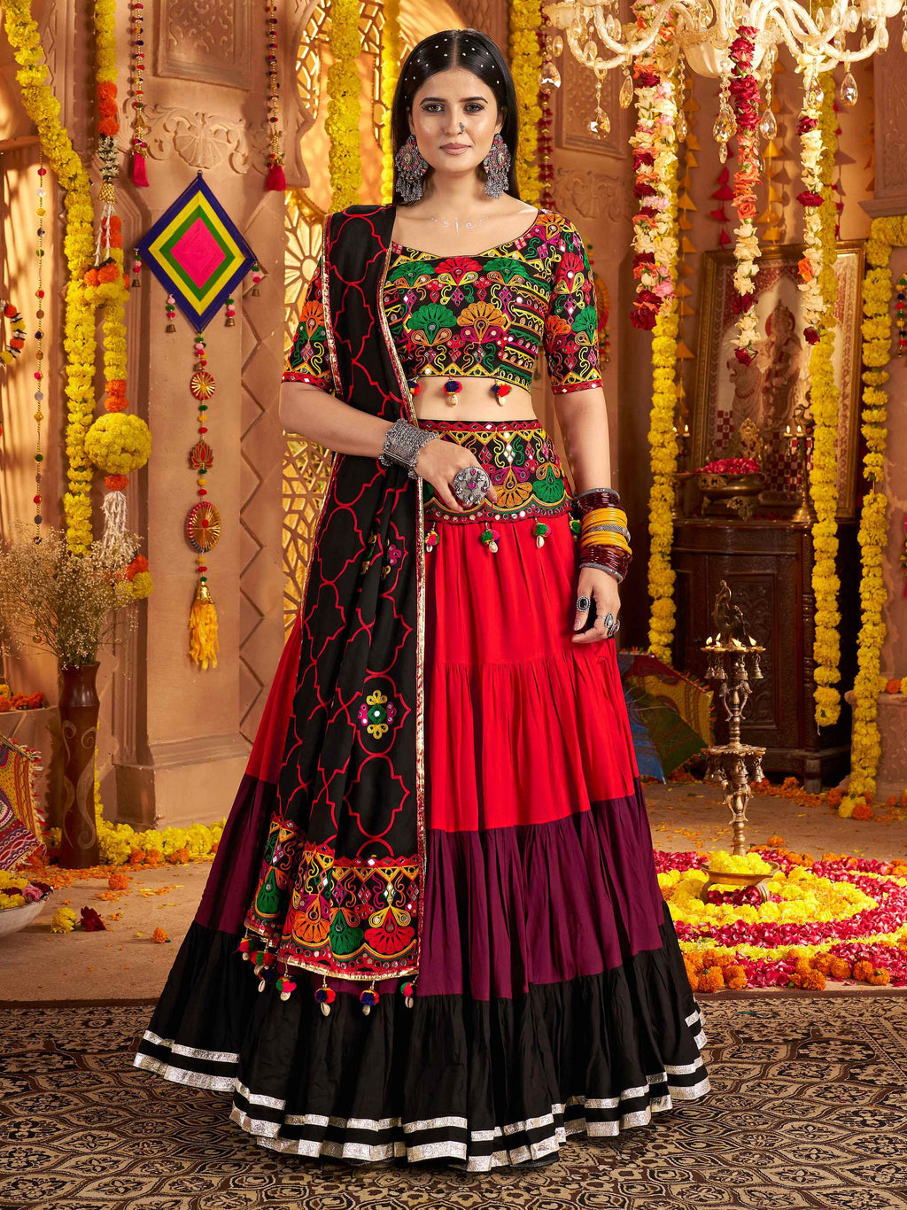 Red viscose cotton mirror embroidery Navratri lehenga choli with belt