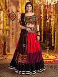 Red viscose cotton mirror embroidery Navratri lehenga choli with belt
