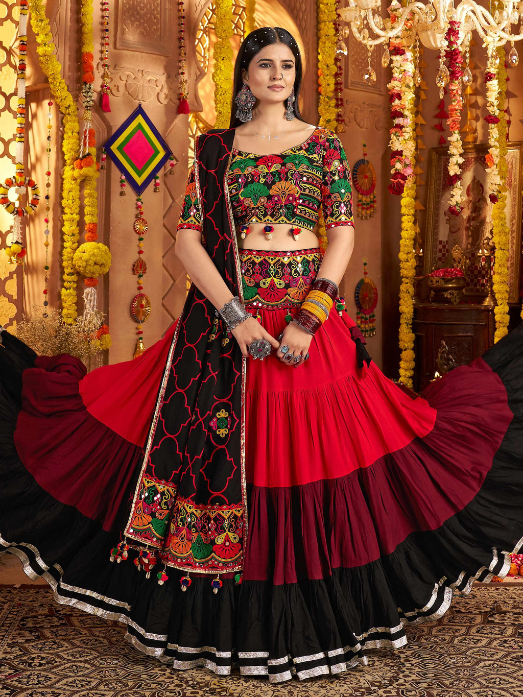 Red viscose cotton mirror embroidery Navratri lehenga choli with belt