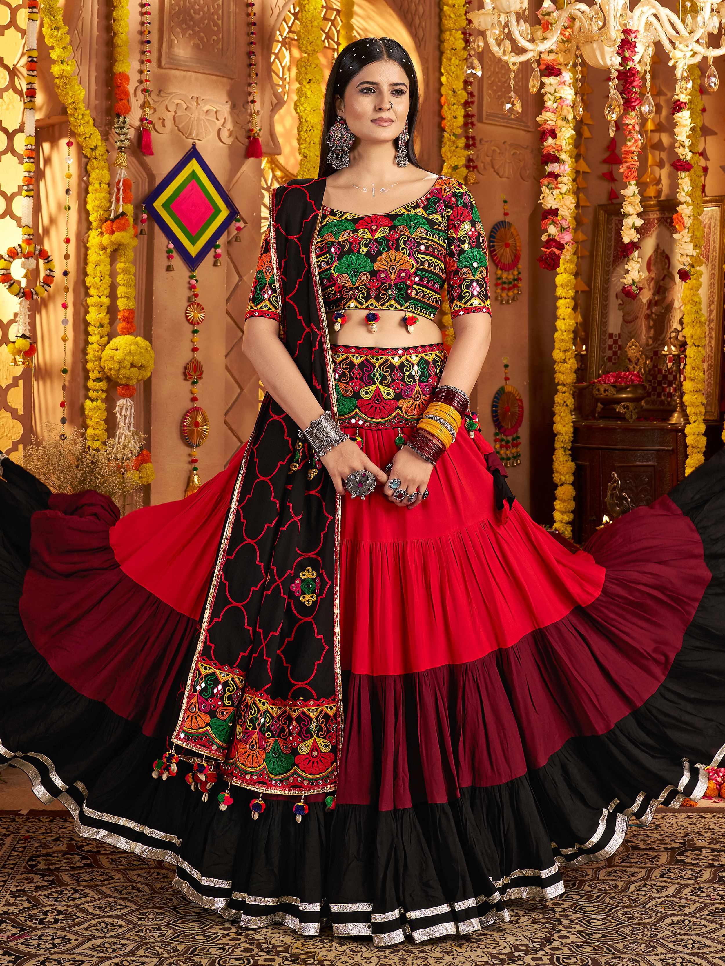 Red viscose cotton mirror embroidery Navratri lehenga choli with belt