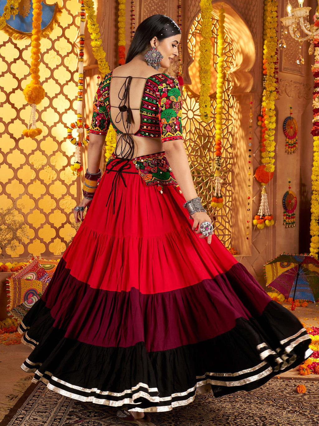 Red viscose cotton mirror embroidery Navratri lehenga choli with belt