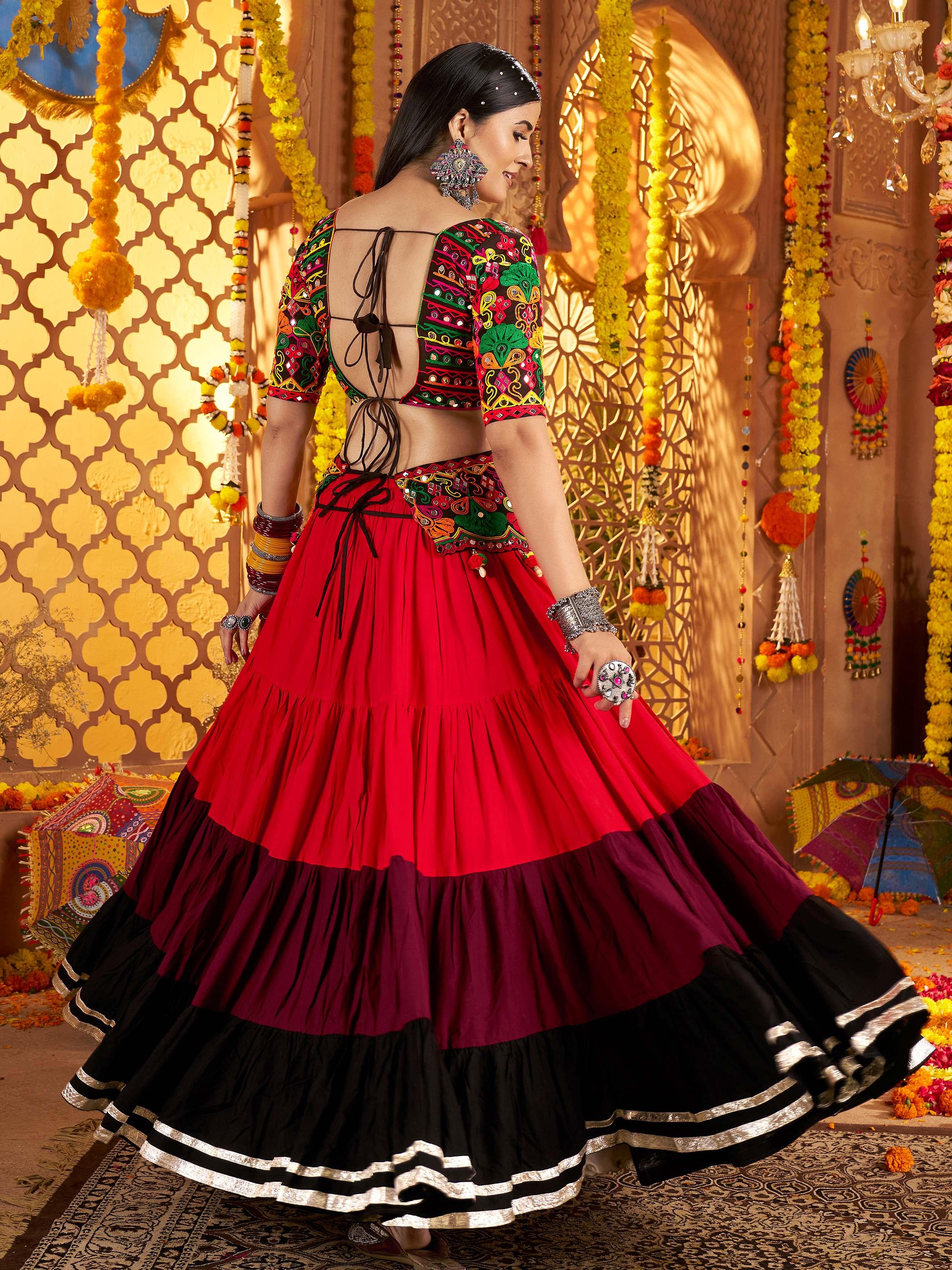 Red viscose cotton mirror embroidery Navratri lehenga choli with belt