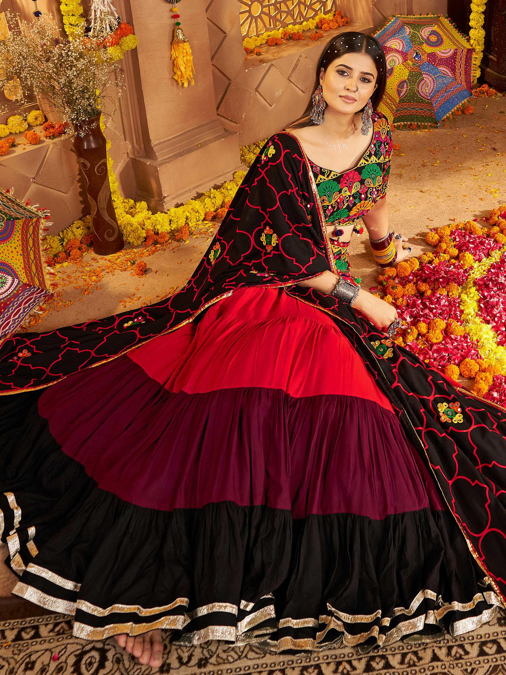 Red viscose cotton mirror embroidery Navratri lehenga choli with belt