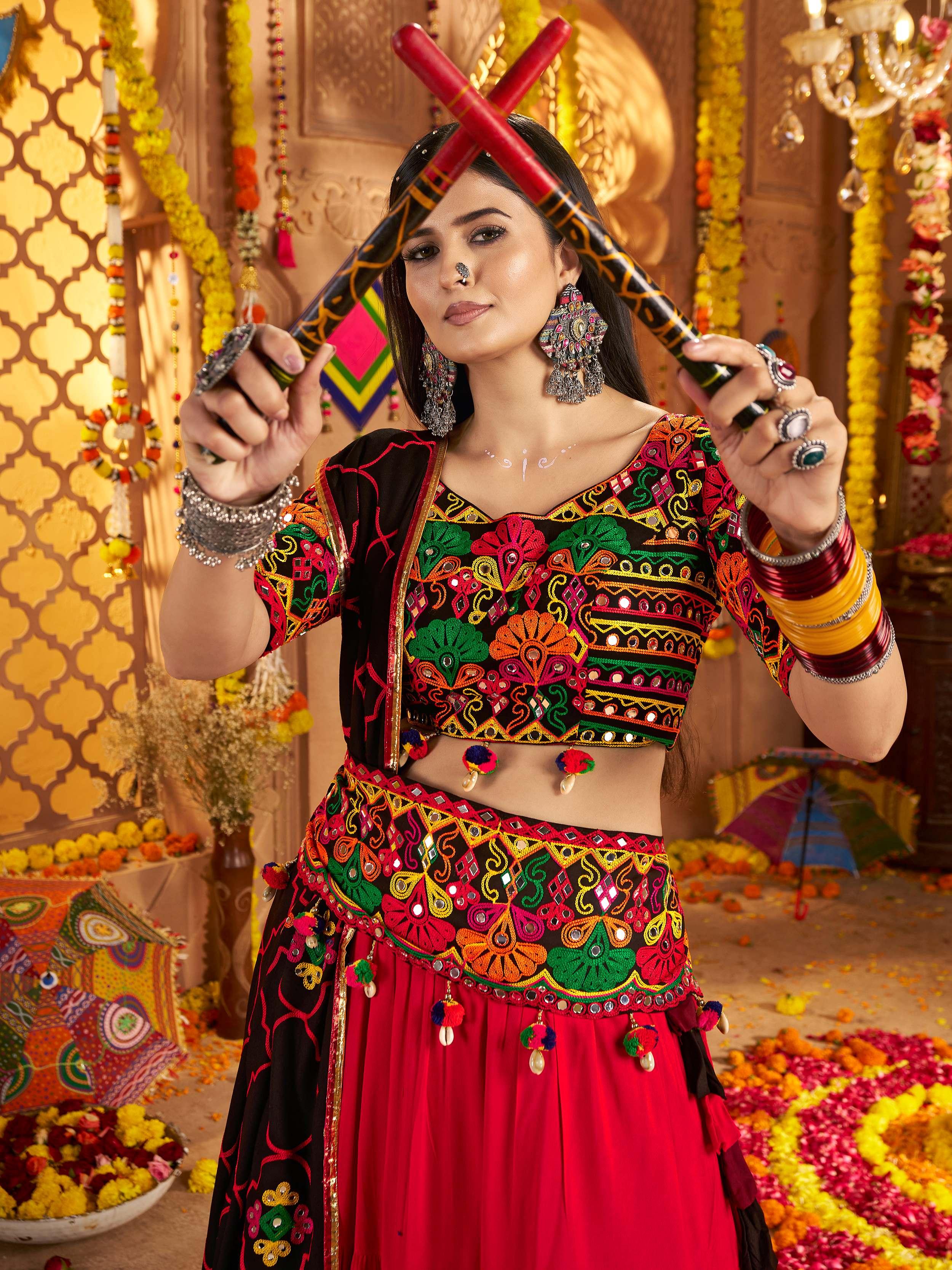 Red viscose cotton mirror embroidery Navratri lehenga choli with belt