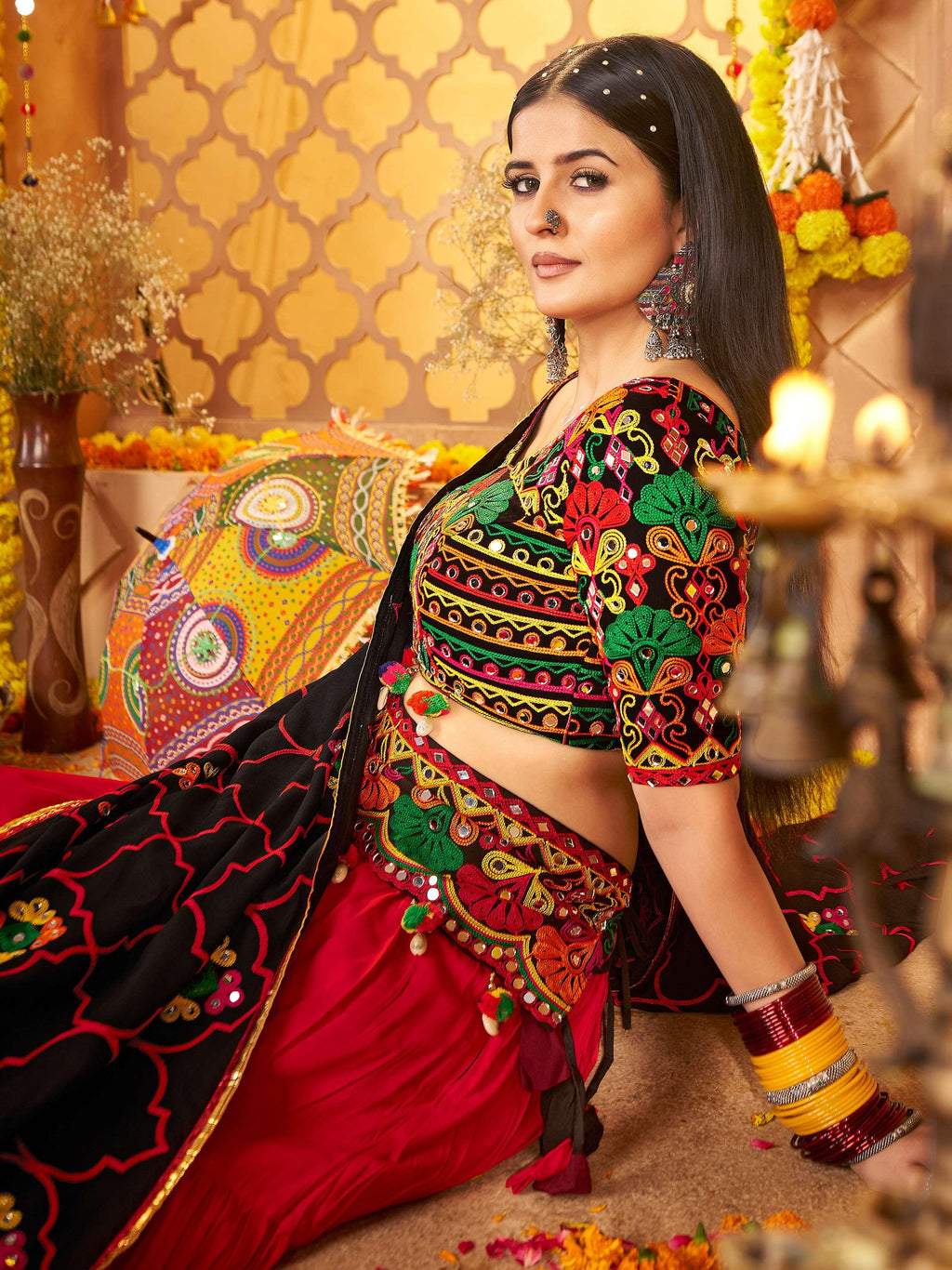 Red viscose cotton mirror embroidery Navratri lehenga choli with belt