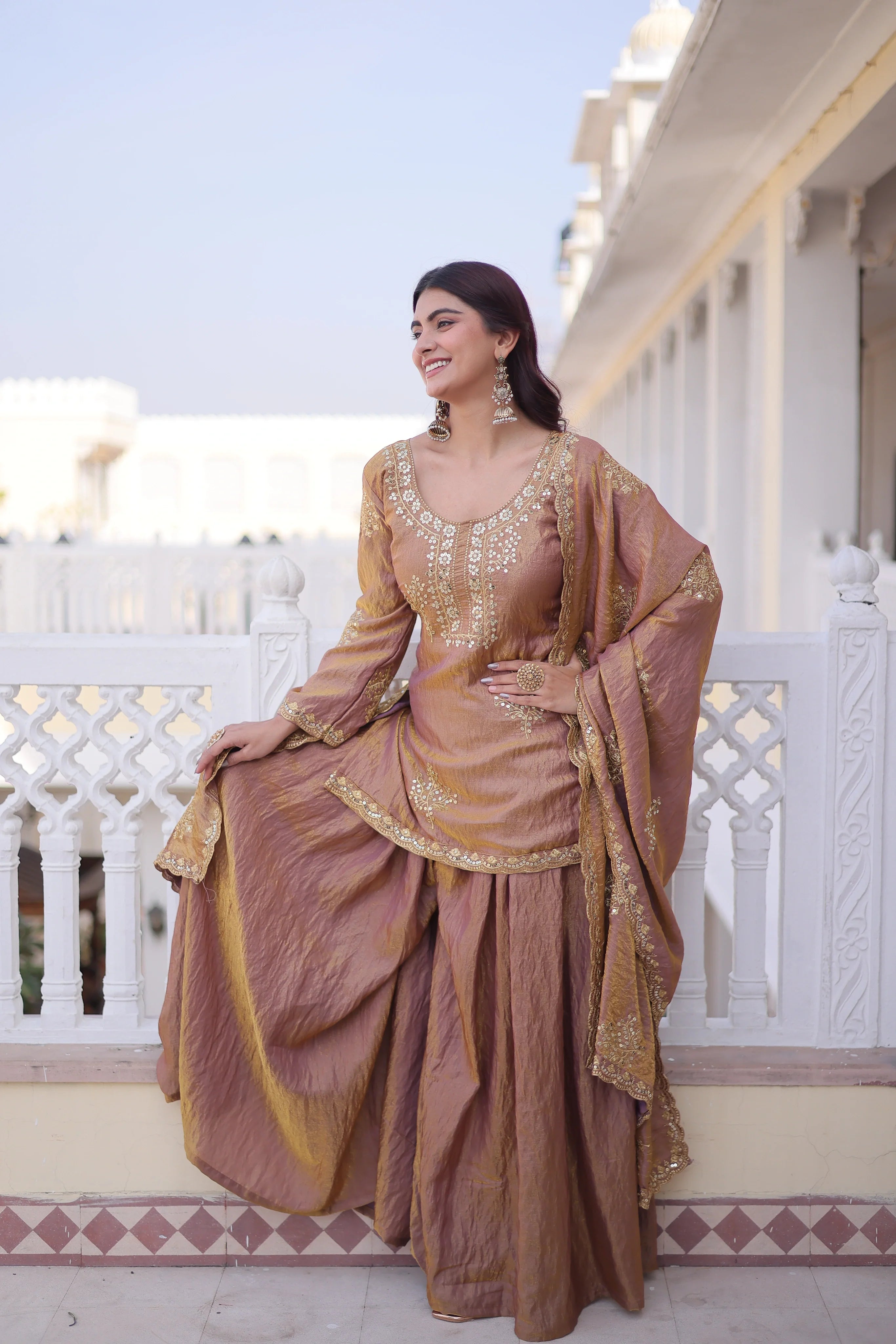 Reysha brown Fendi crush kurti sharara set with zari sequins embroidery