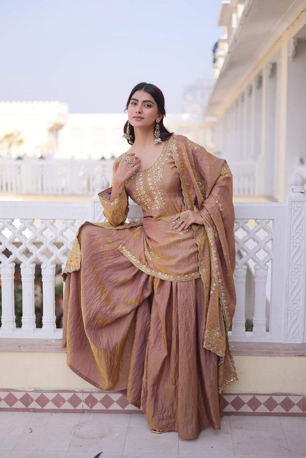 Reysha brown Fendi crush kurti sharara set with zari sequins embroidery