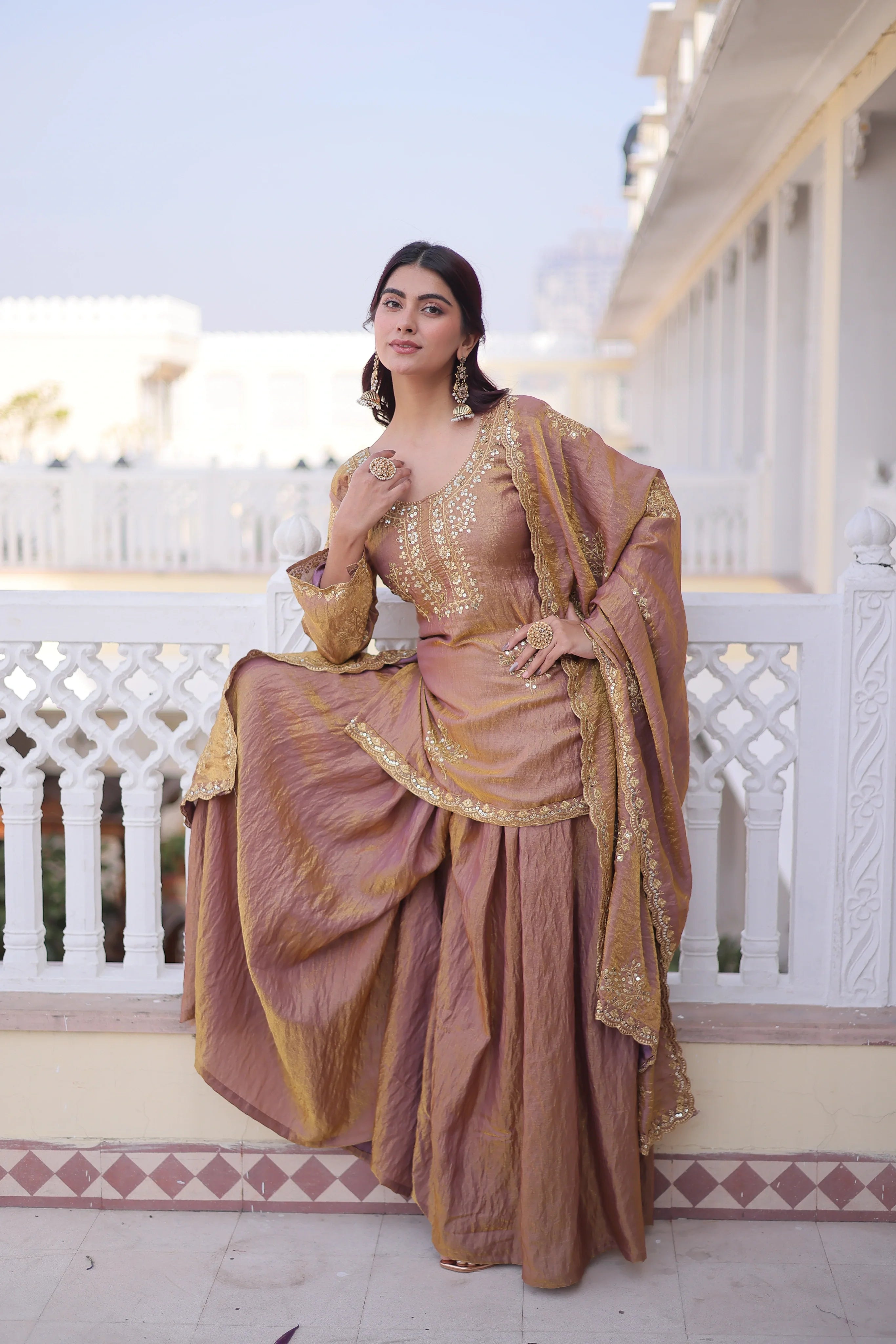 Reysha brown Fendi crush kurti sharara set with zari sequins embroidery