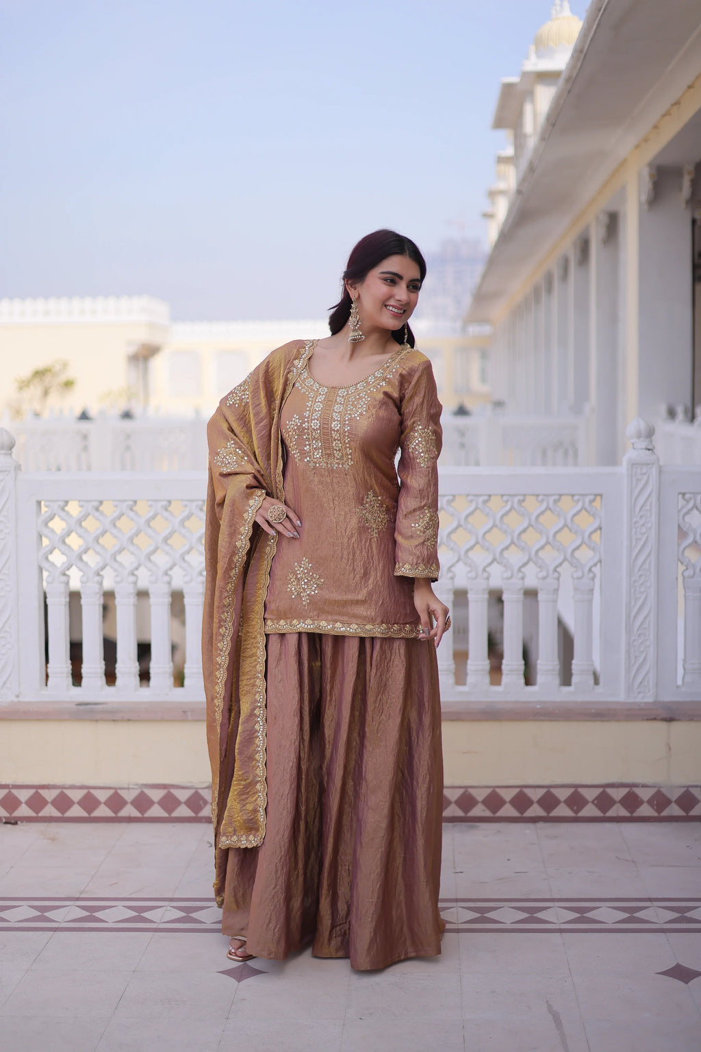 Reysha brown Fendi crush kurti sharara set with zari sequins embroidery