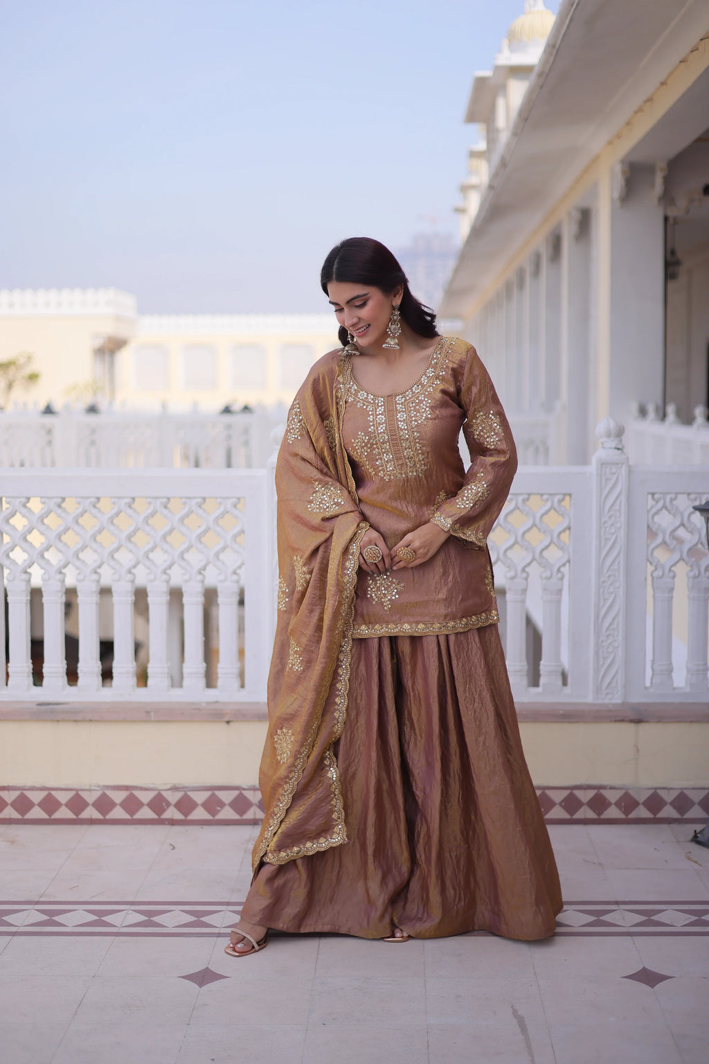 Reysha brown Fendi crush kurti sharara set with zari sequins embroidery