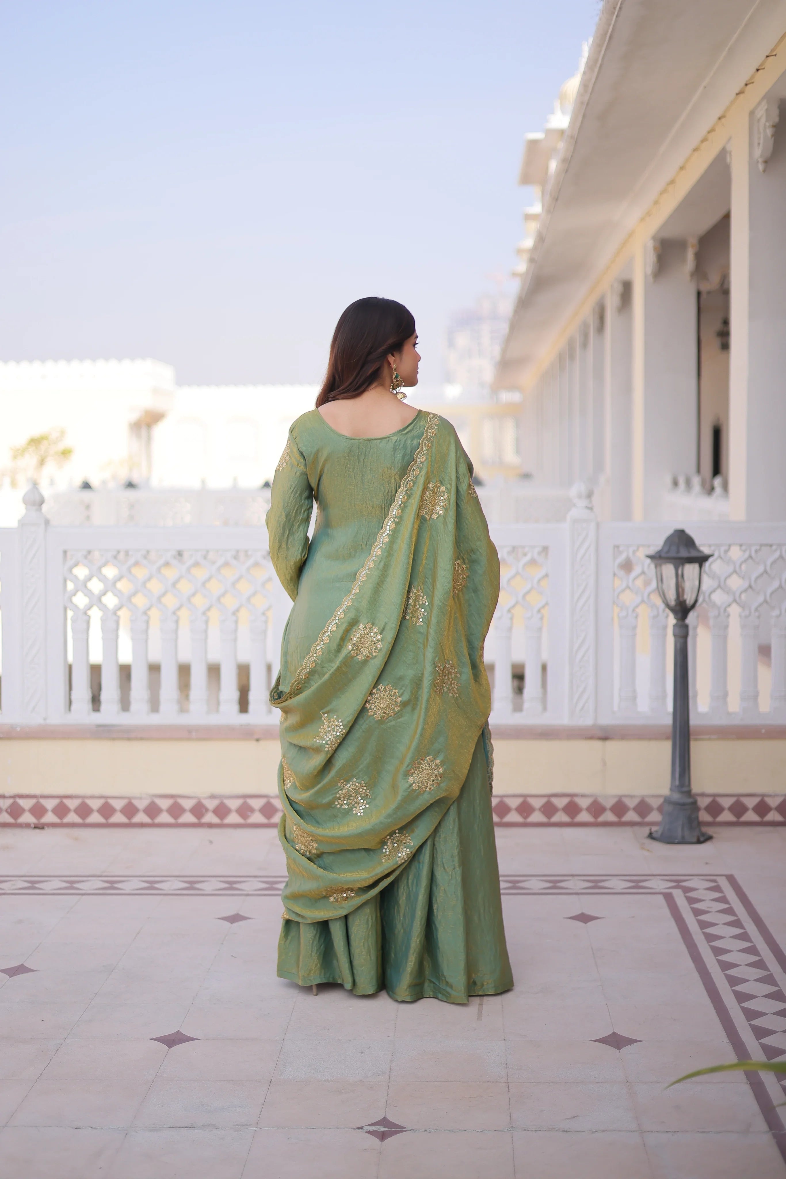 Reysha pista green Fendi crush kurti sharara set with zari sequins embroidery