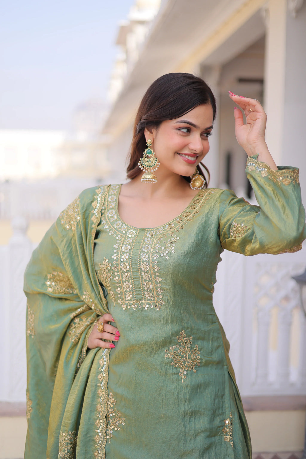 Reysha pista green Fendi crush kurti sharara set with zari sequins embroidery