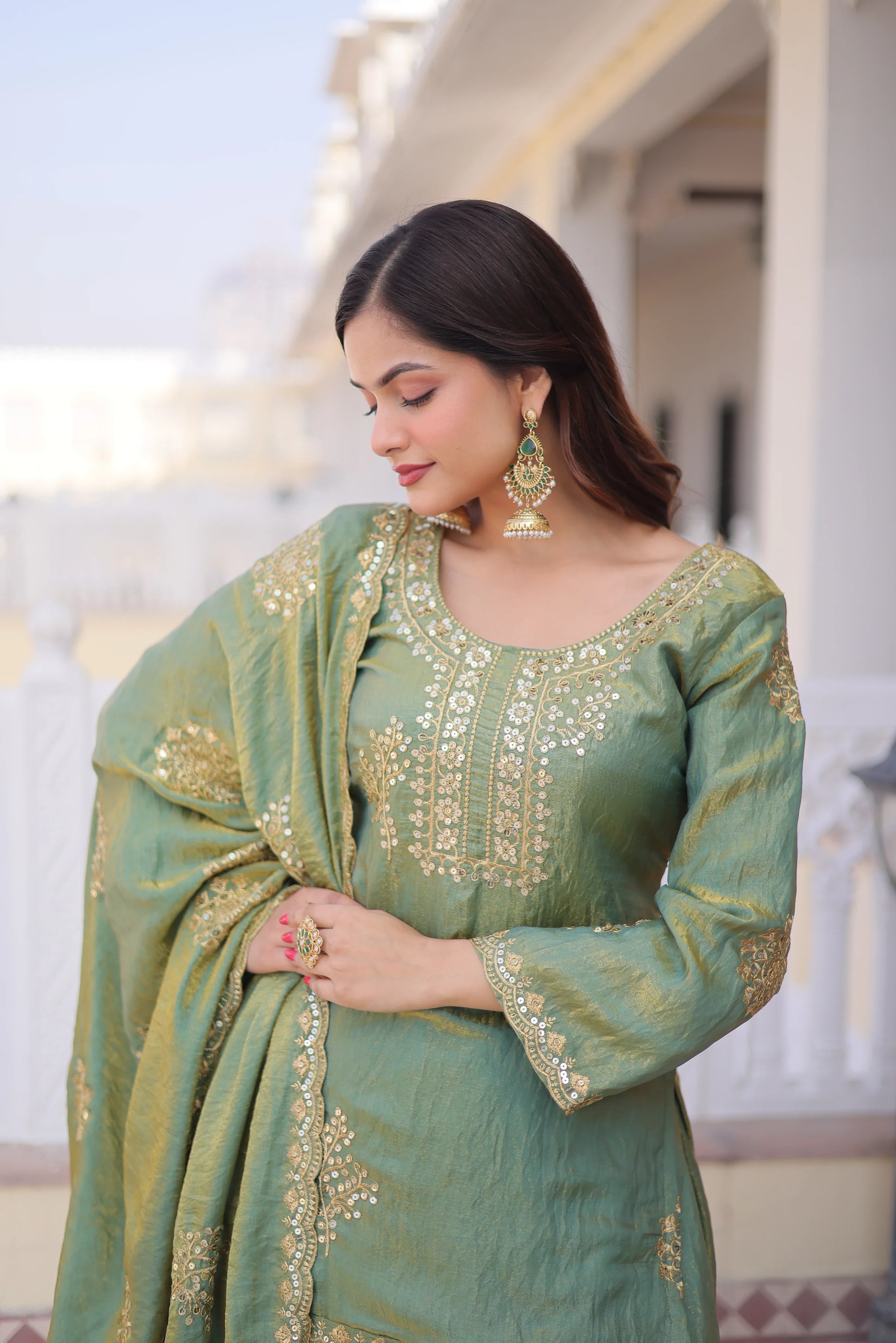 Reysha pista green Fendi crush kurti sharara set with zari sequins embroidery