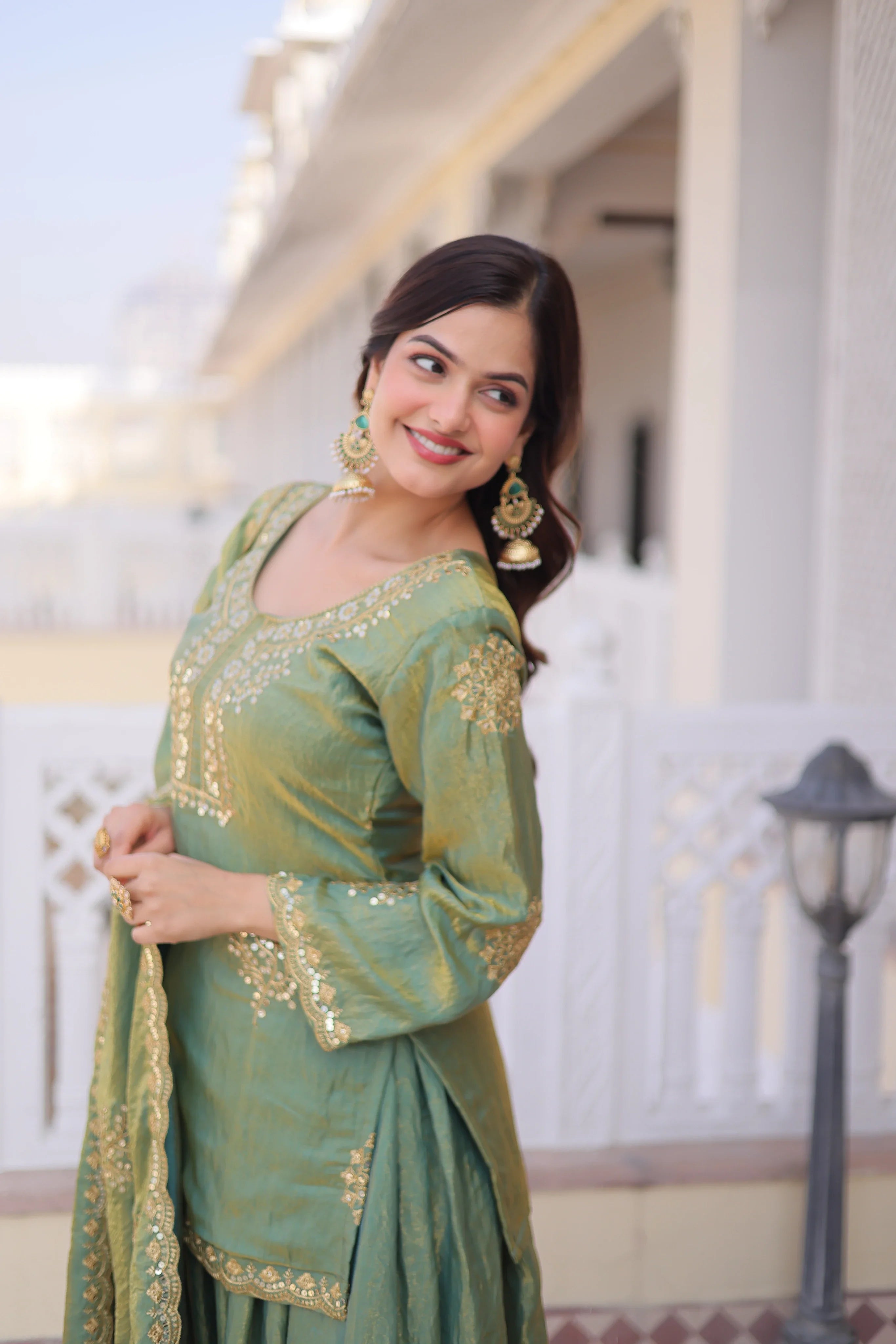 Reysha pista green Fendi crush kurti sharara set with zari sequins embroidery