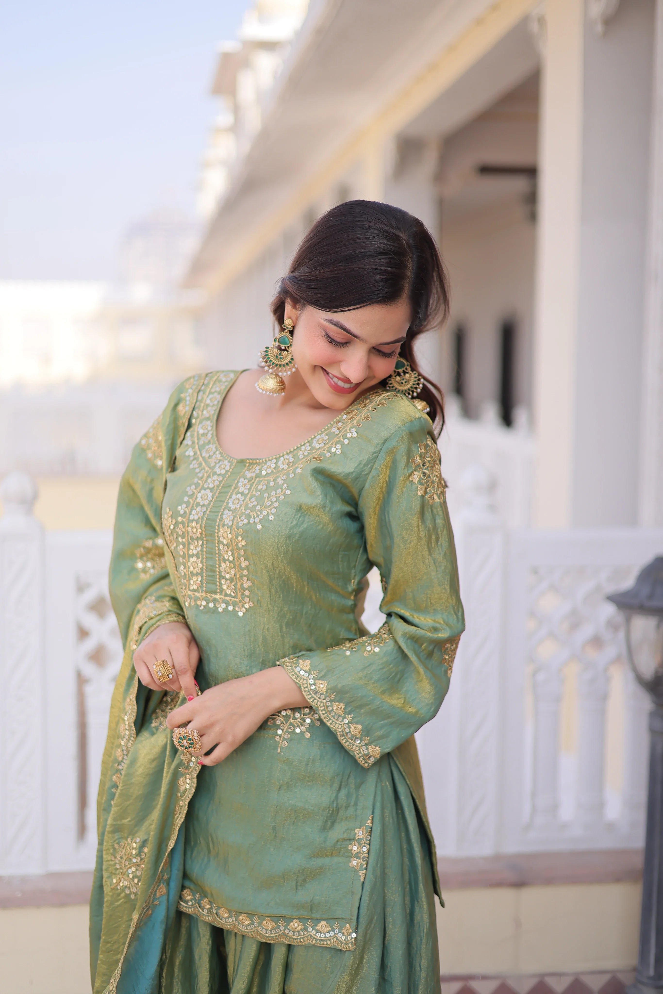 Reysha pista green Fendi crush kurti sharara set with zari sequins embroidery