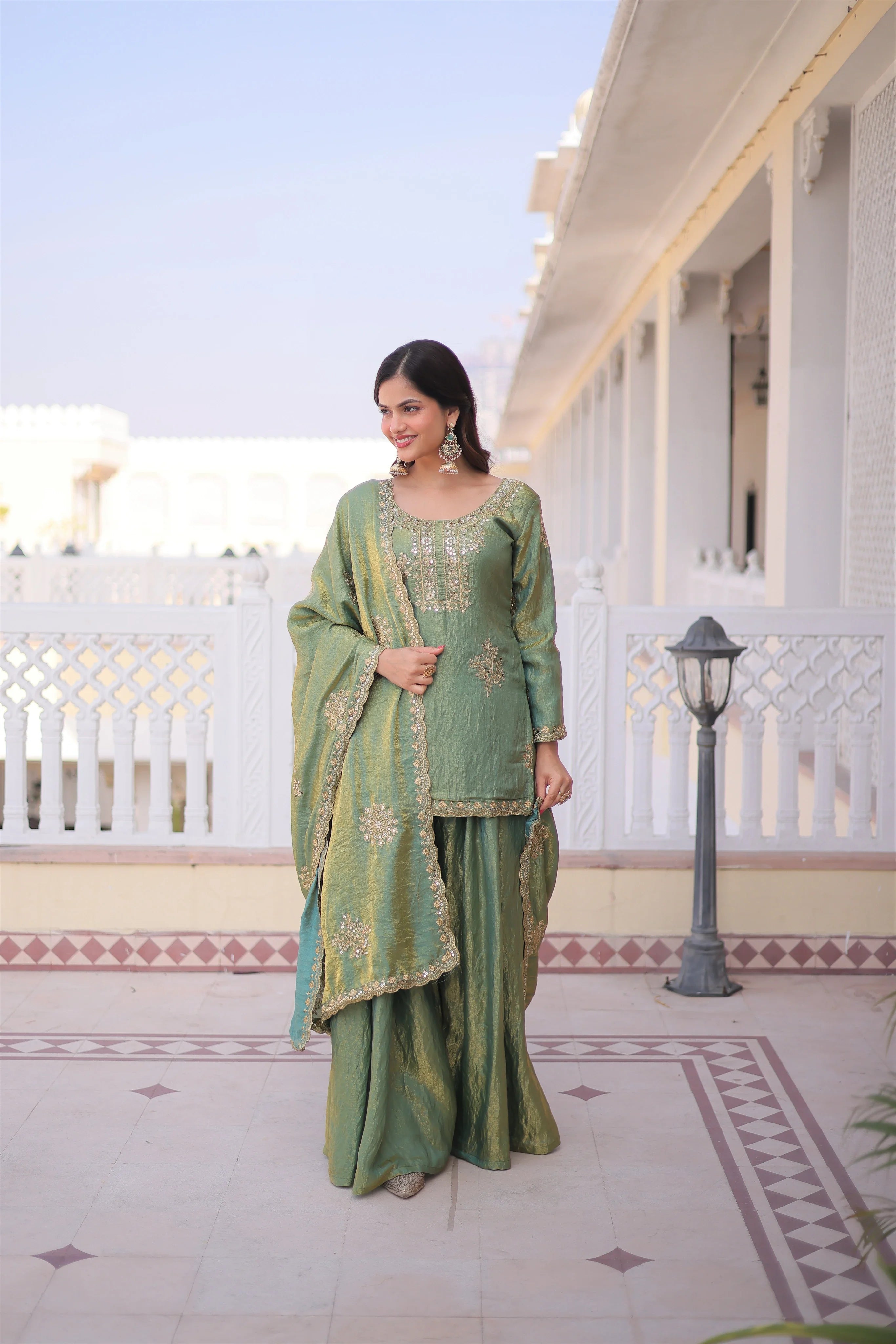 Reysha pista green Fendi crush kurti sharara set with zari sequins embroidery