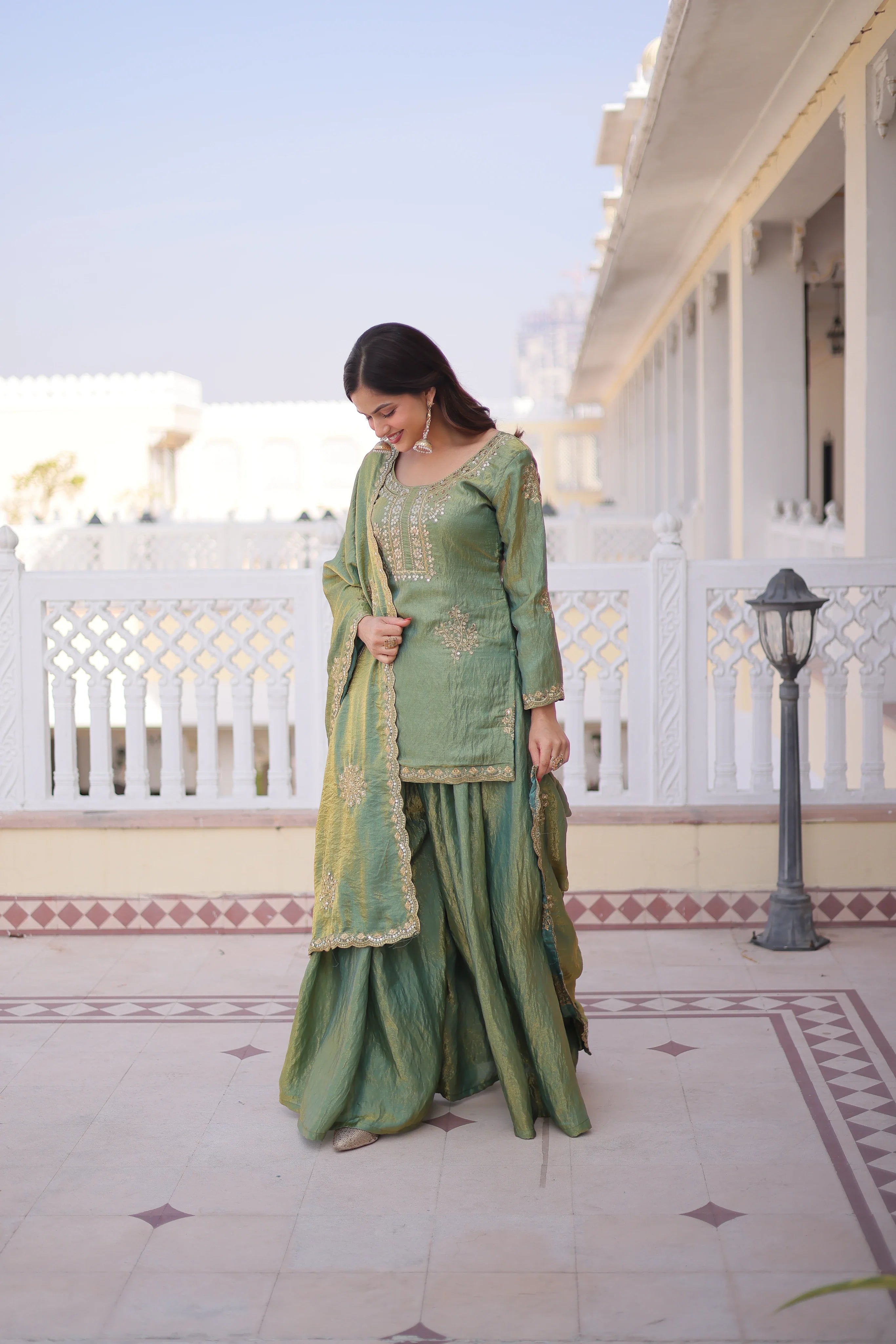 Reysha pista green Fendi crush kurti sharara set with zari sequins embroidery