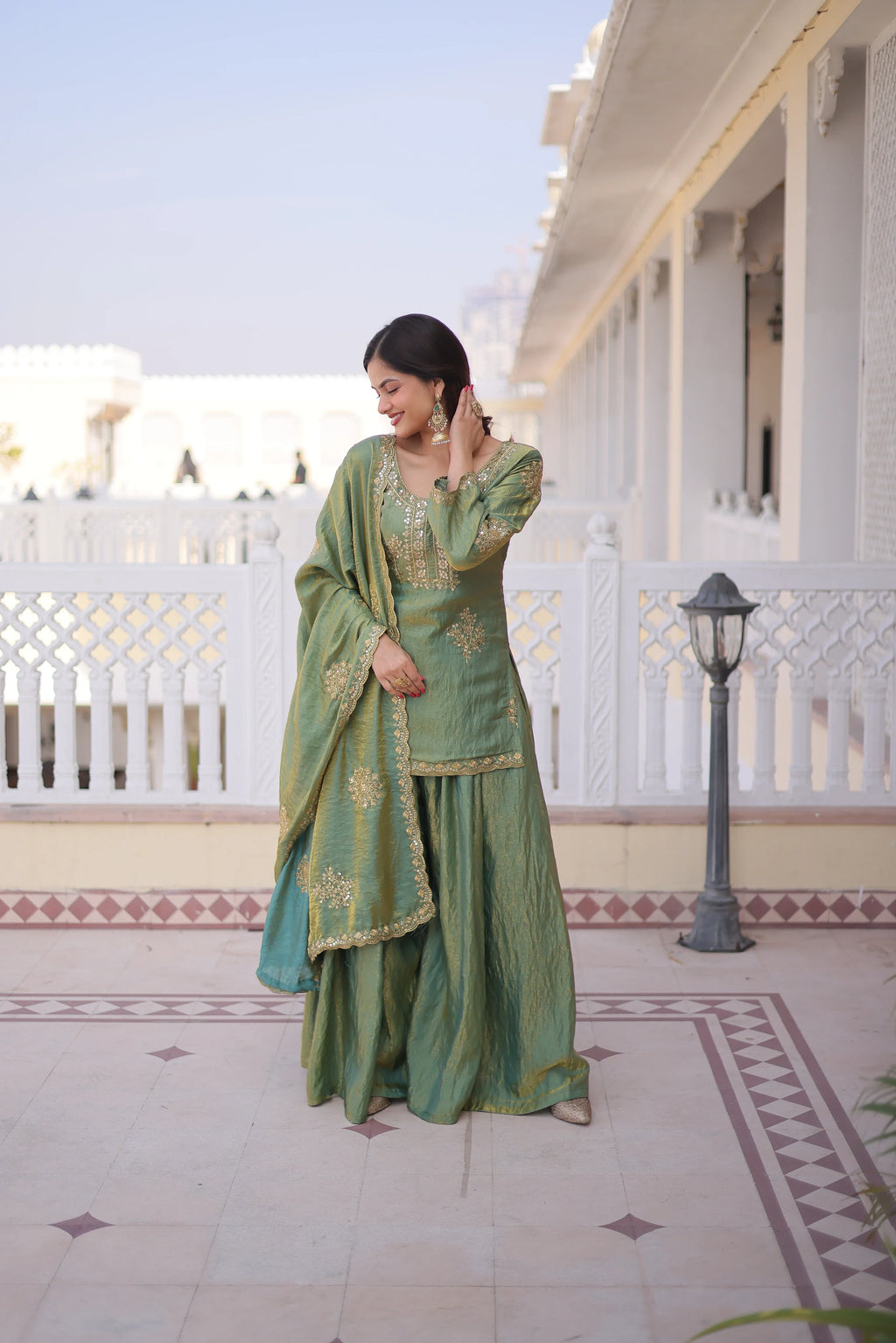 Reysha pista green Fendi crush kurti sharara set with zari sequins embroidery