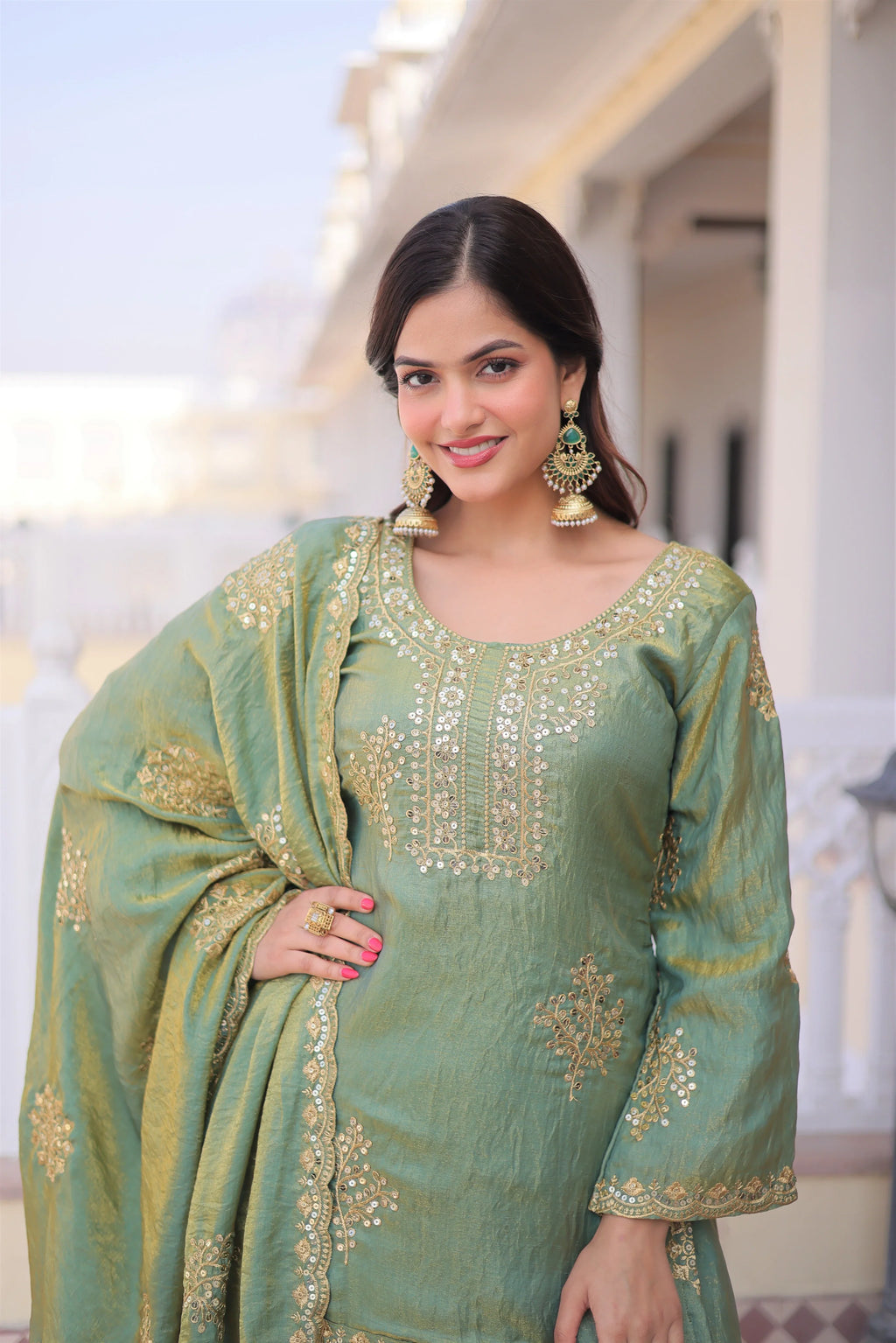 Reysha pista green Fendi crush kurti sharara set with zari sequins embroidery
