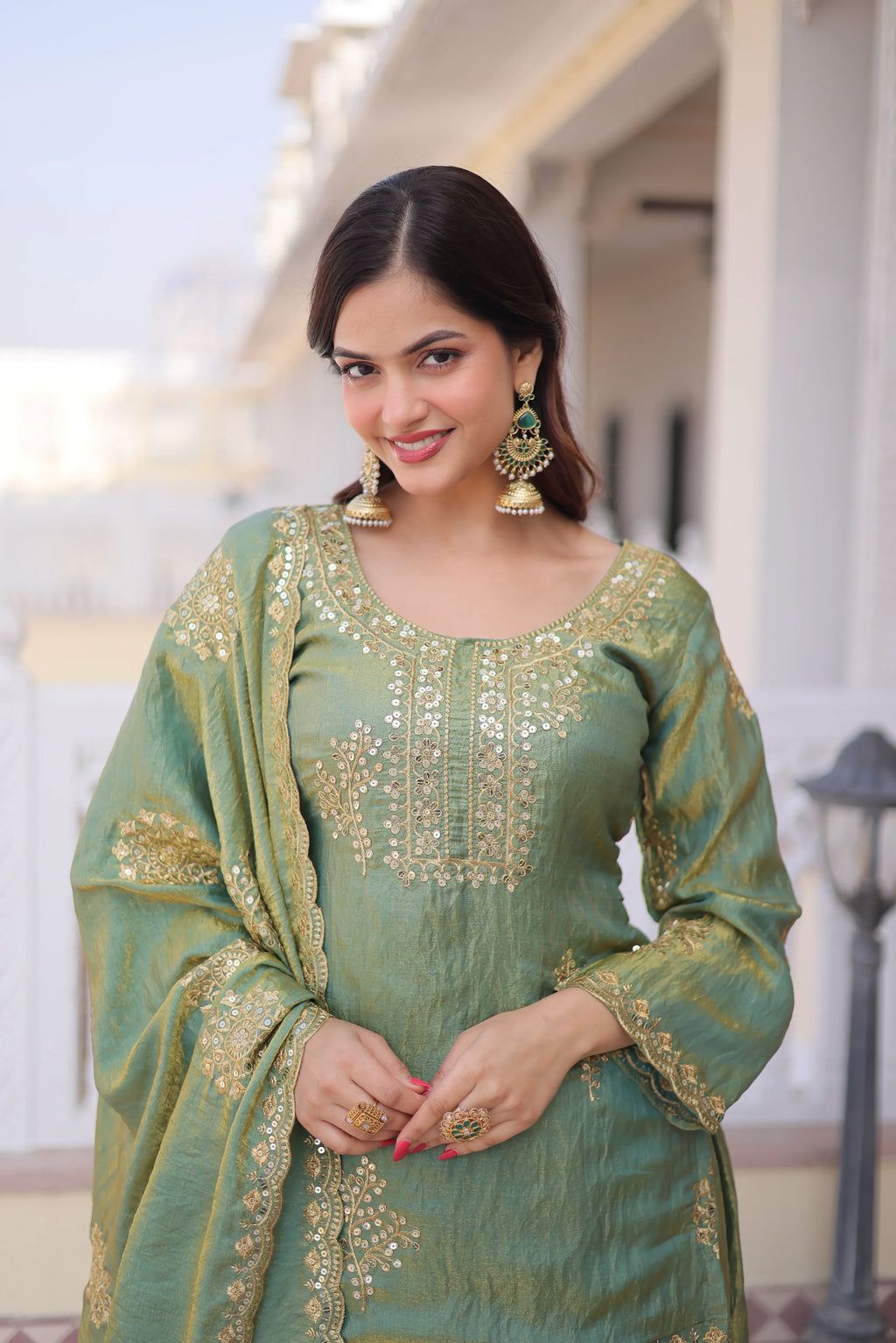 Reysha pista green Fendi crush kurti sharara set with zari sequins embroidery