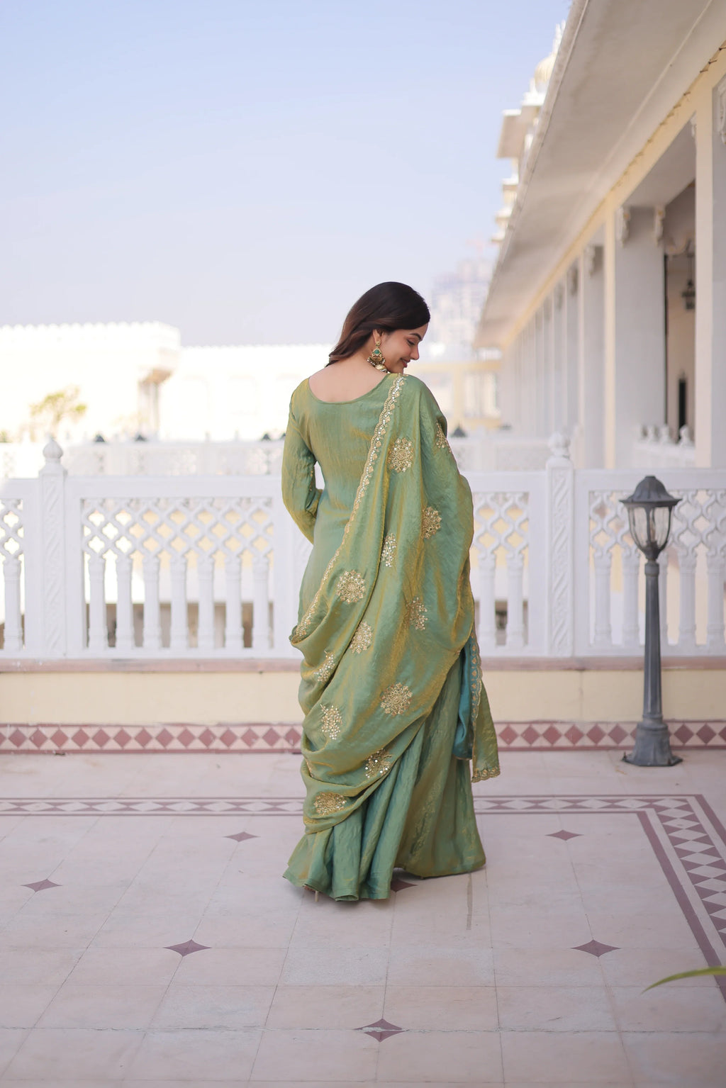 Reysha pista green Fendi crush kurti sharara set with zari sequins embroidery