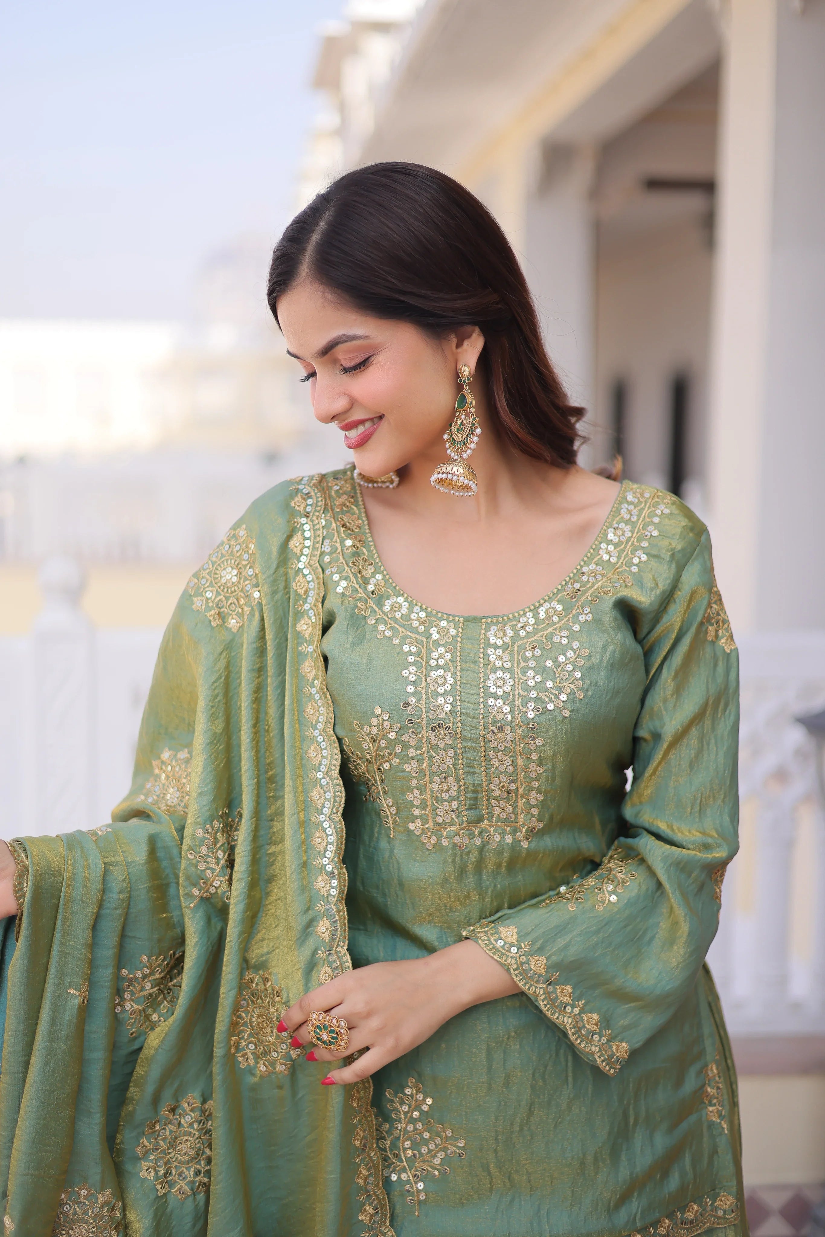 Reysha pista green Fendi crush kurti sharara set with zari sequins embroidery