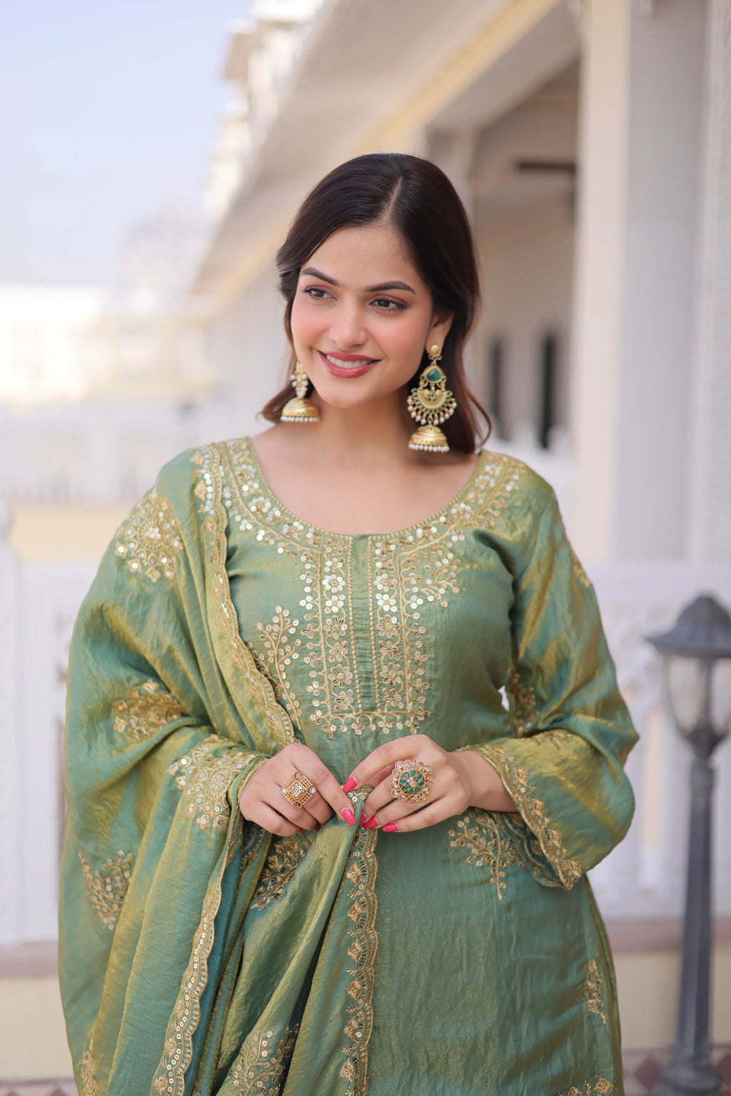 Reysha pista green Fendi crush kurti sharara set with zari sequins embroidery
