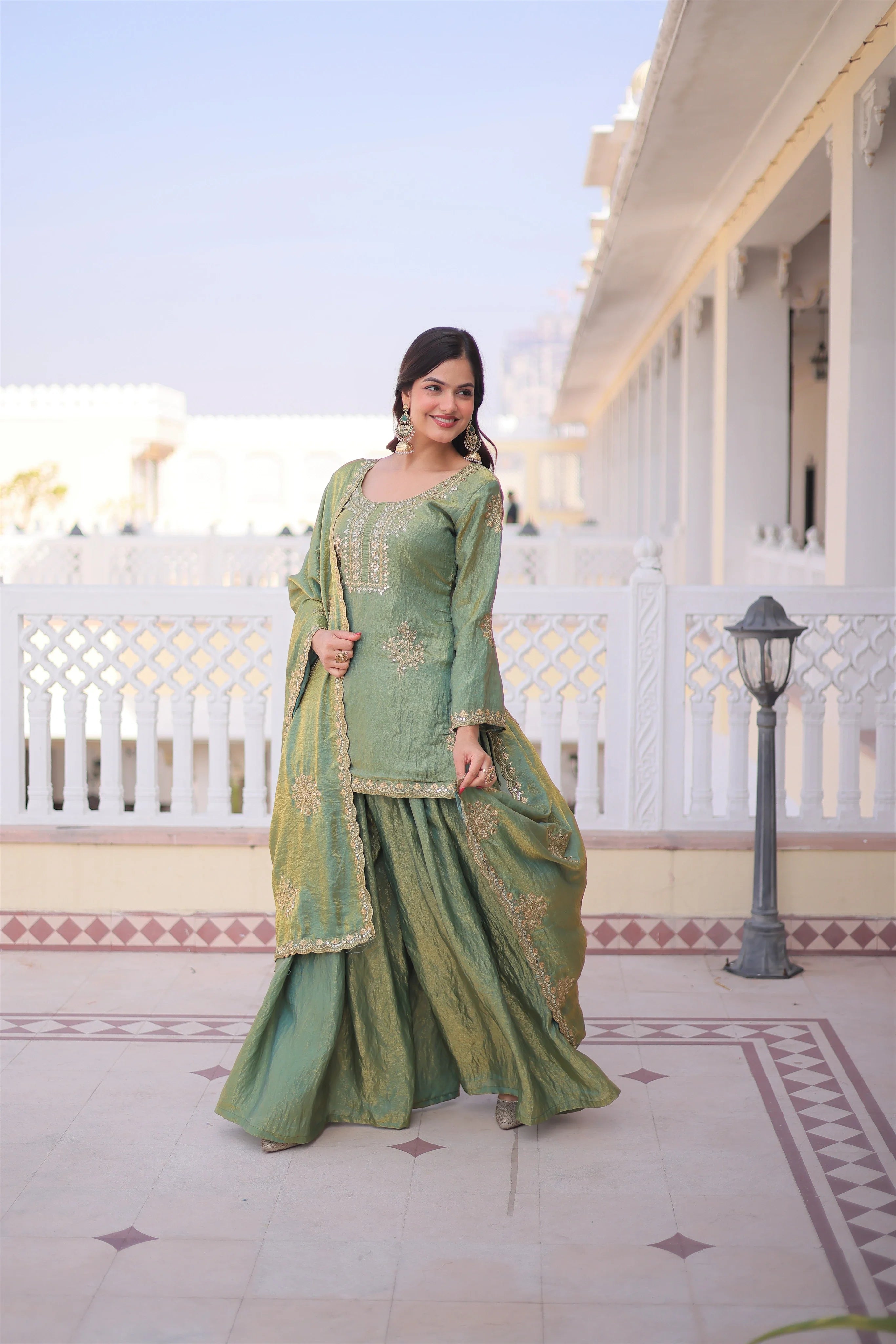 Reysha pista green Fendi crush kurti sharara set with zari sequins embroidery