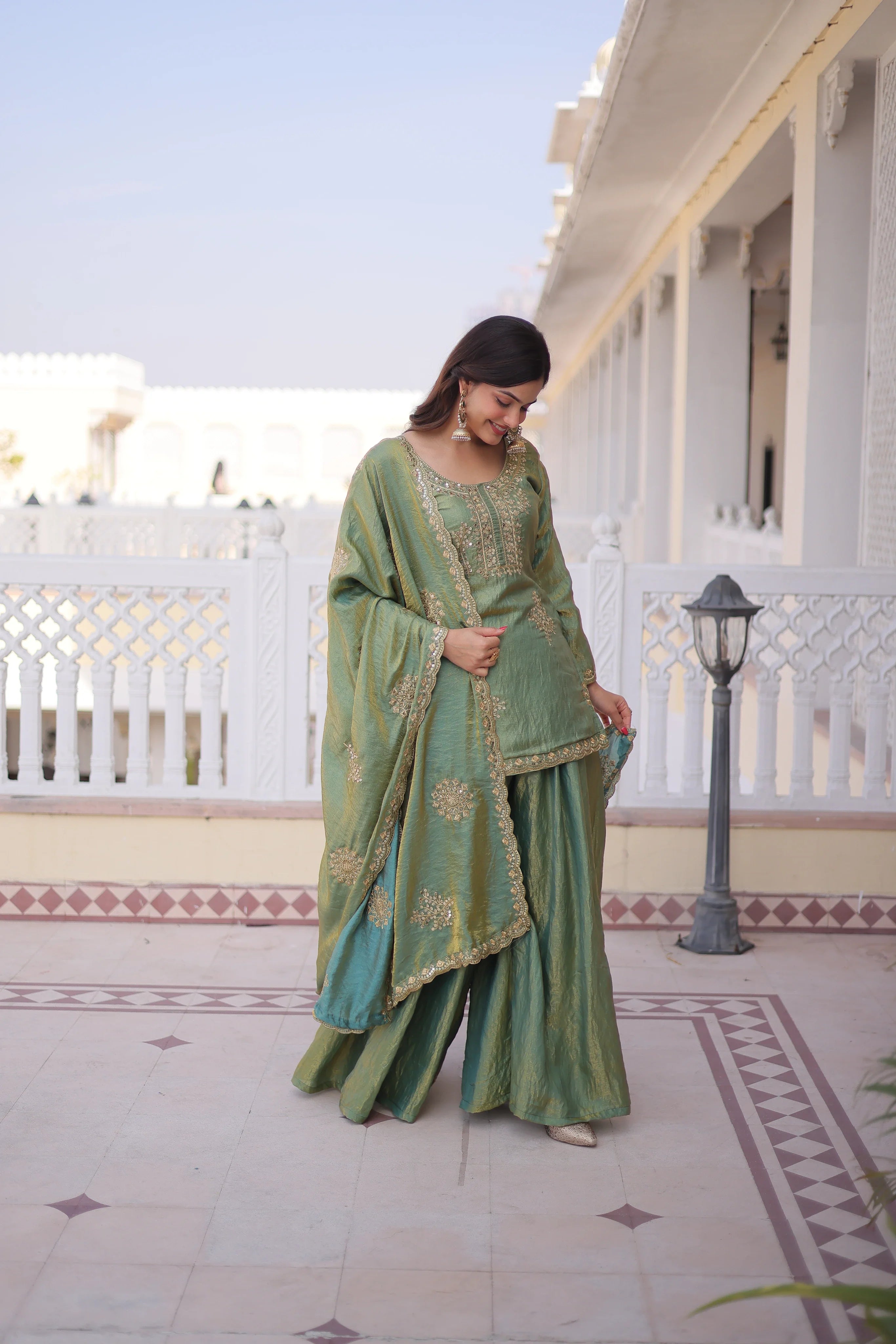Reysha pista green Fendi crush kurti sharara set with zari sequins embroidery