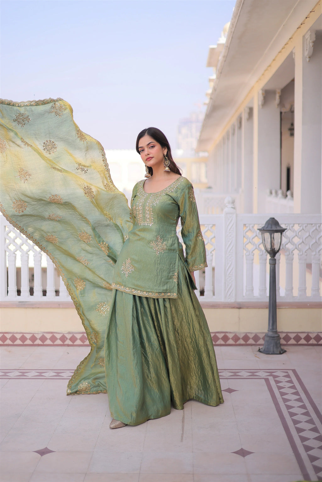Reysha pista green Fendi crush kurti sharara set with zari sequins embroidery