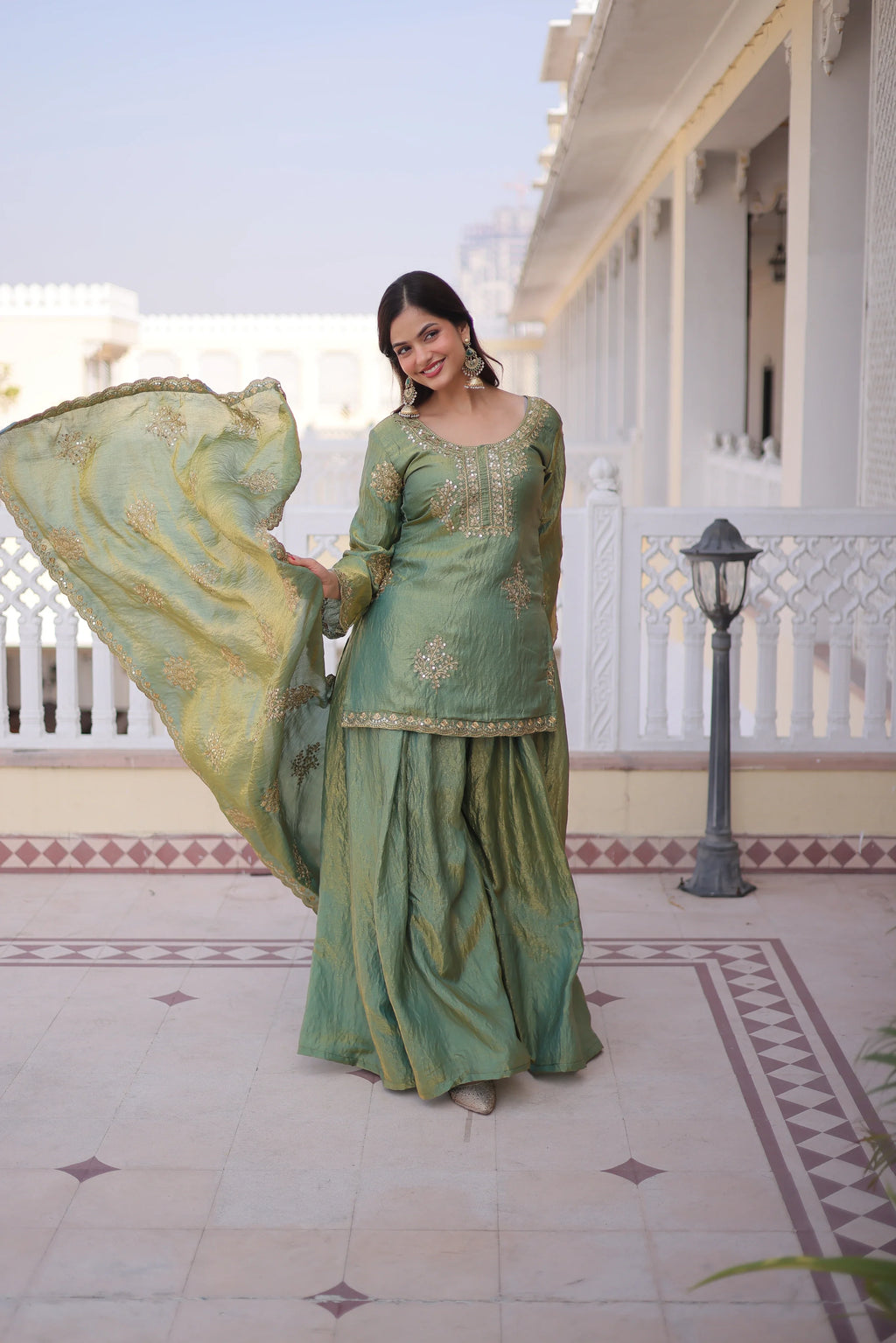 Reysha pista green Fendi crush kurti sharara set with zari sequins embroidery