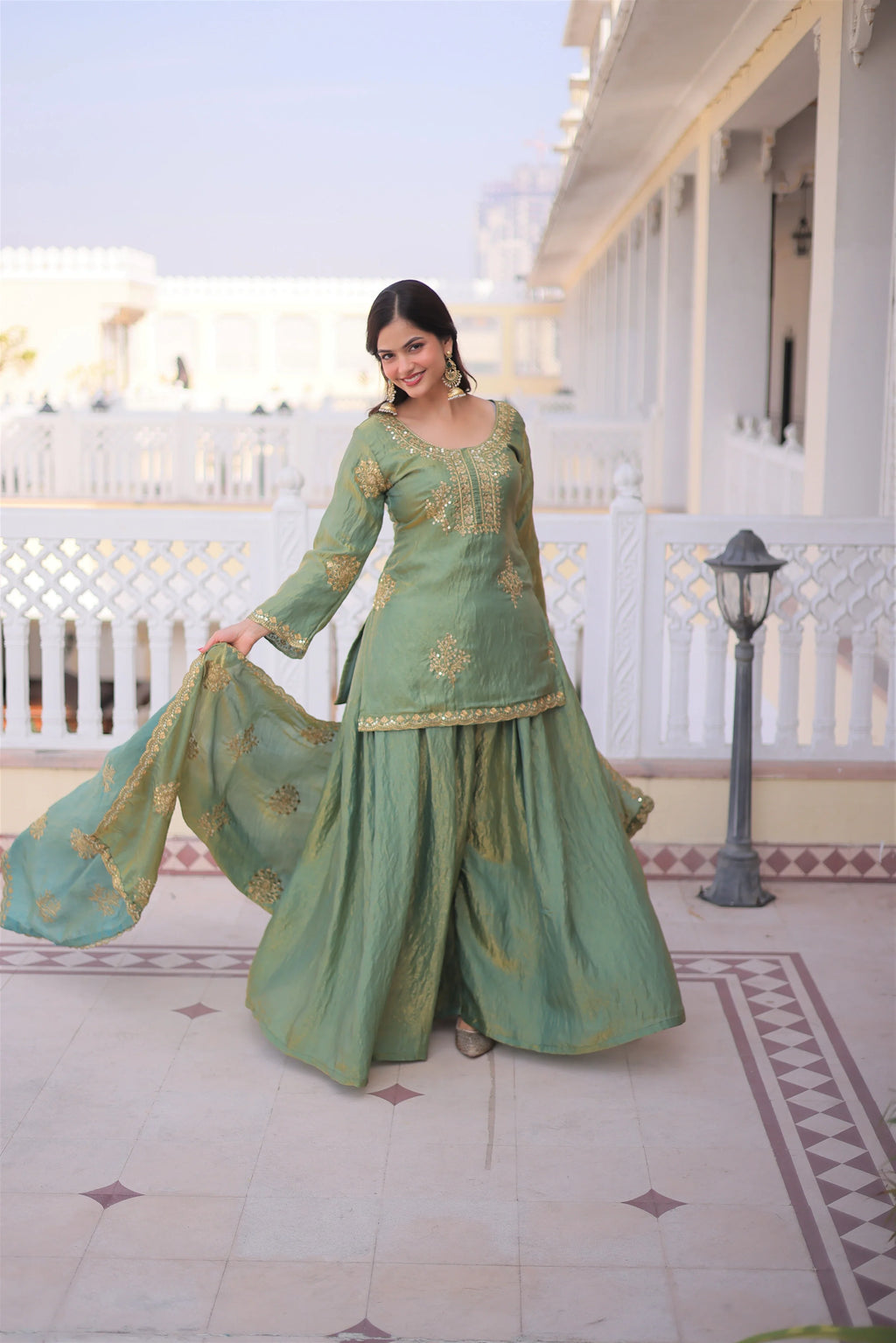 Reysha pista green Fendi crush kurti sharara set with zari sequins embroidery