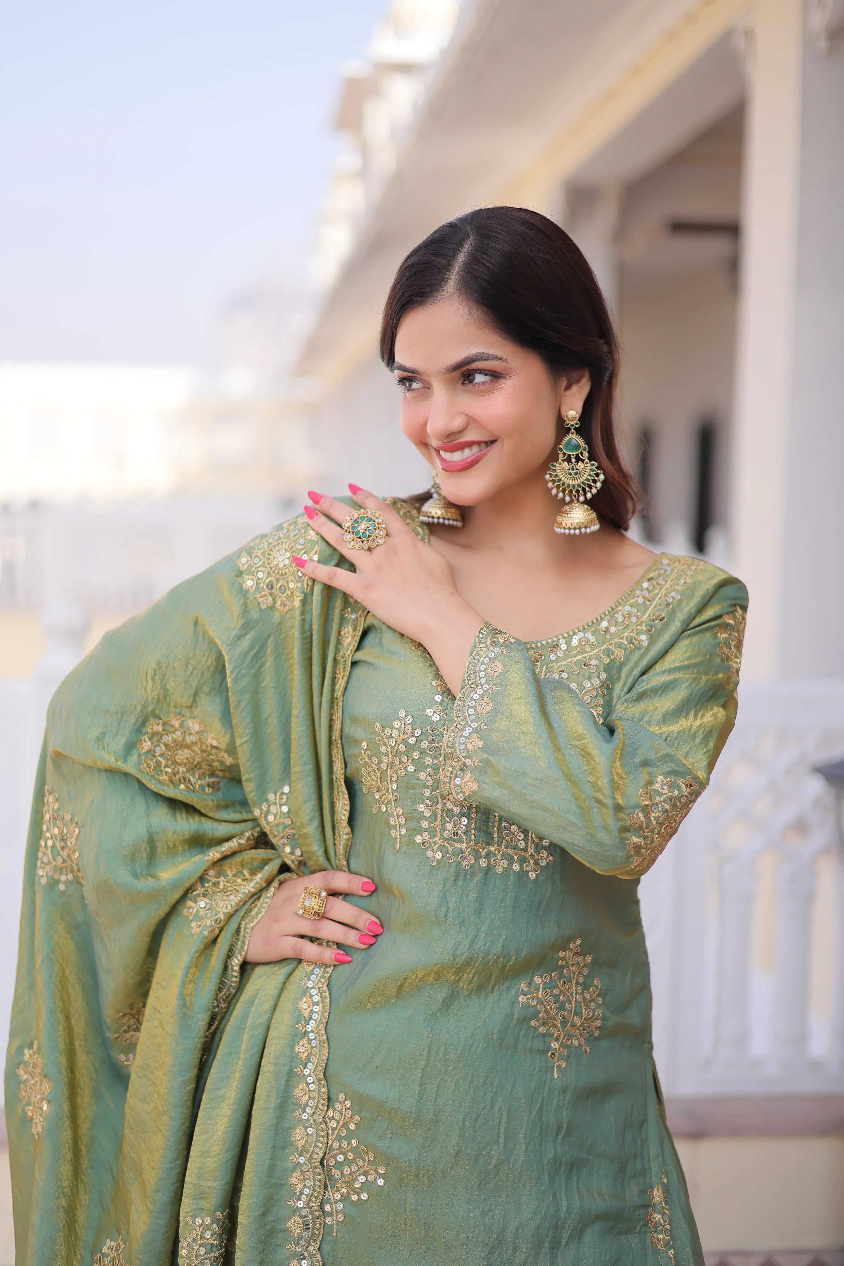 Reysha pista green Fendi crush kurti sharara set with zari sequins embroidery