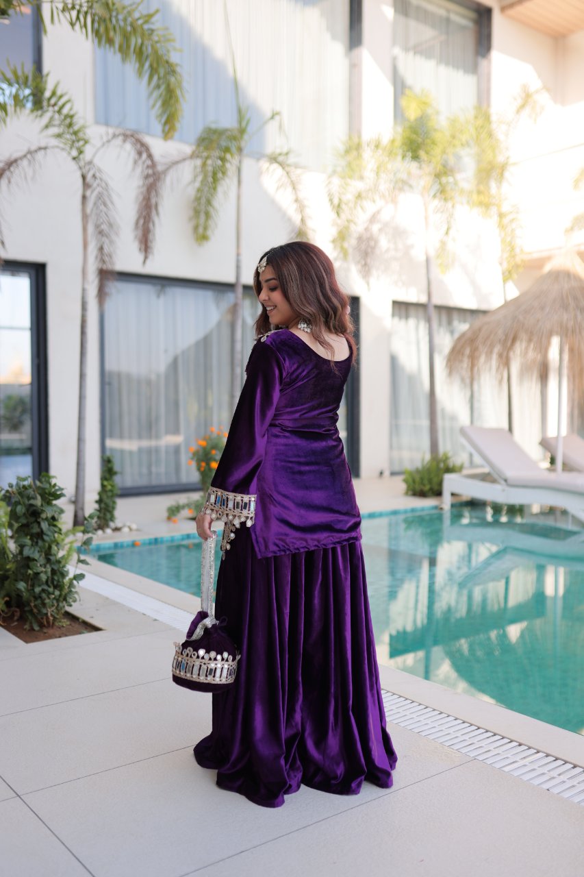 Riva purple velvet kurti palazzo set with zari embroidered real mirror work