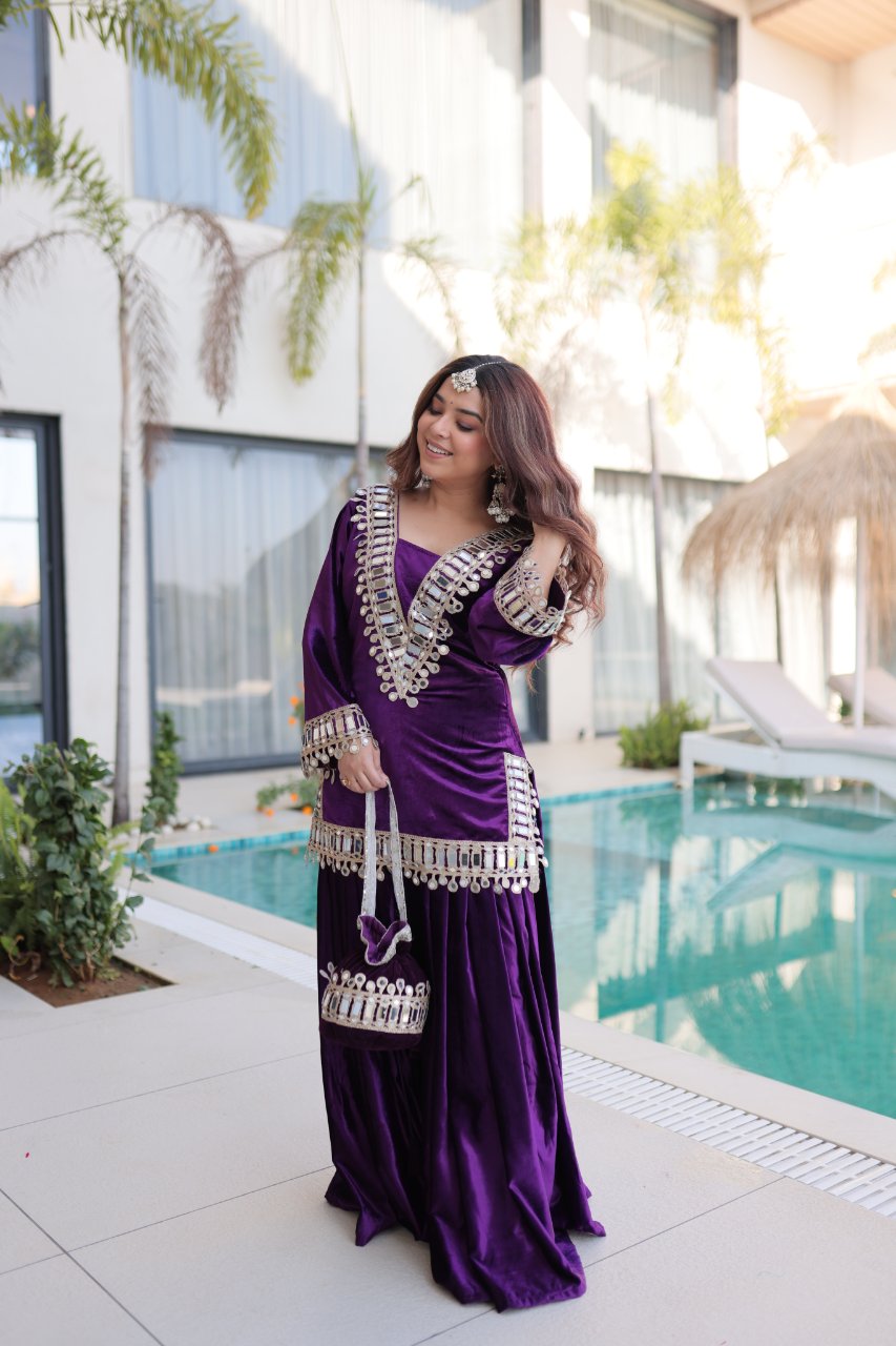 Riva purple velvet kurti palazzo set with zari embroidered real mirror work