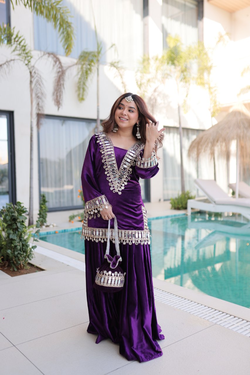 Riva purple velvet kurti palazzo set with zari embroidered real mirror work