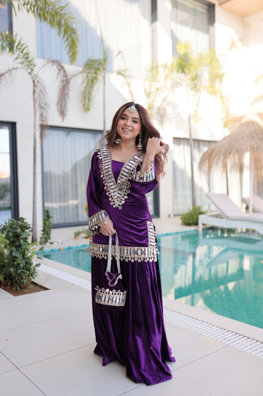 Riva purple velvet kurti palazzo set with zari embroidered real mirror work