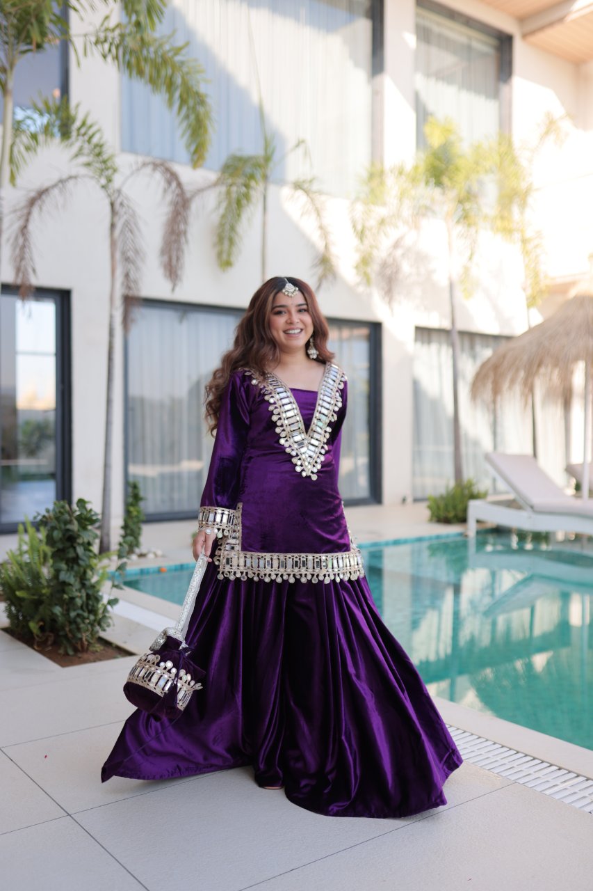 Riva purple velvet kurti palazzo set with zari embroidered real mirror work