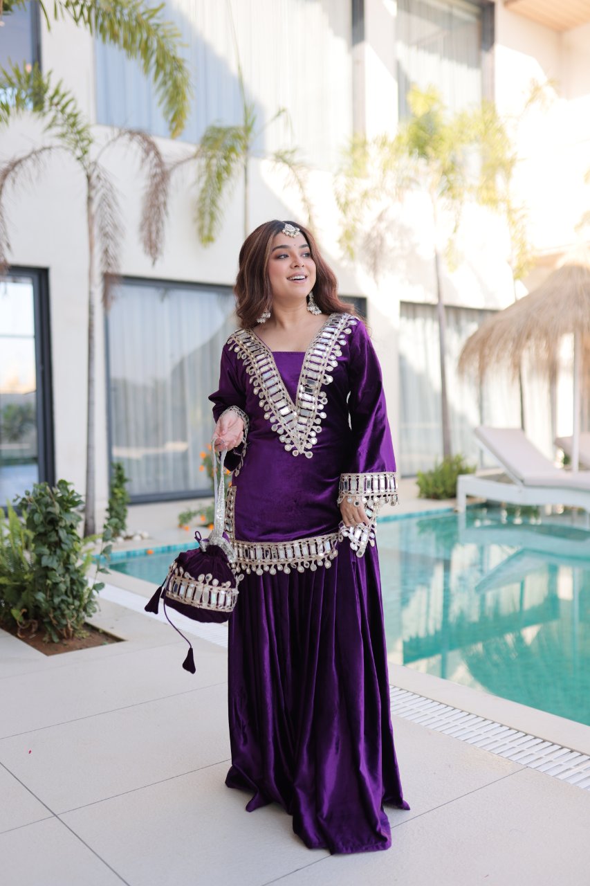 Riva purple velvet kurti palazzo set with zari embroidered real mirror work