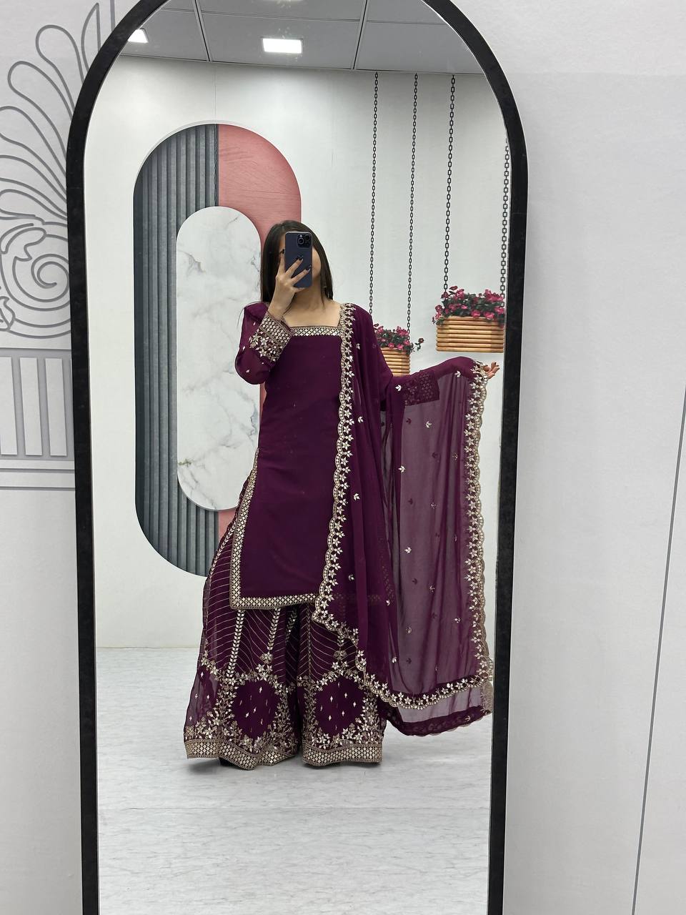 Aroa purple fox georgette kurti palazzo set with embroidery sequence work