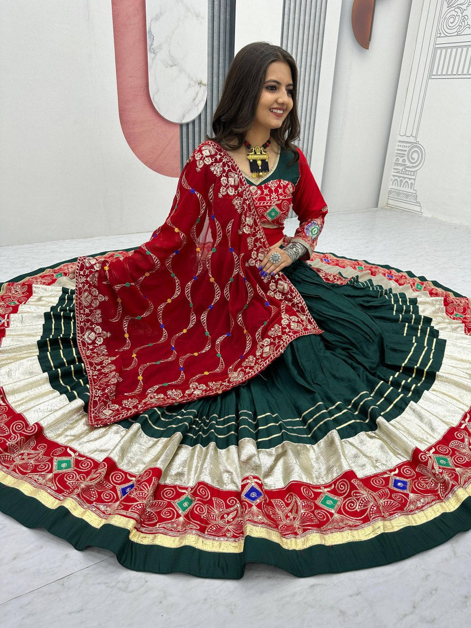 Green pure cotton embroidered sequins work lehenga choli